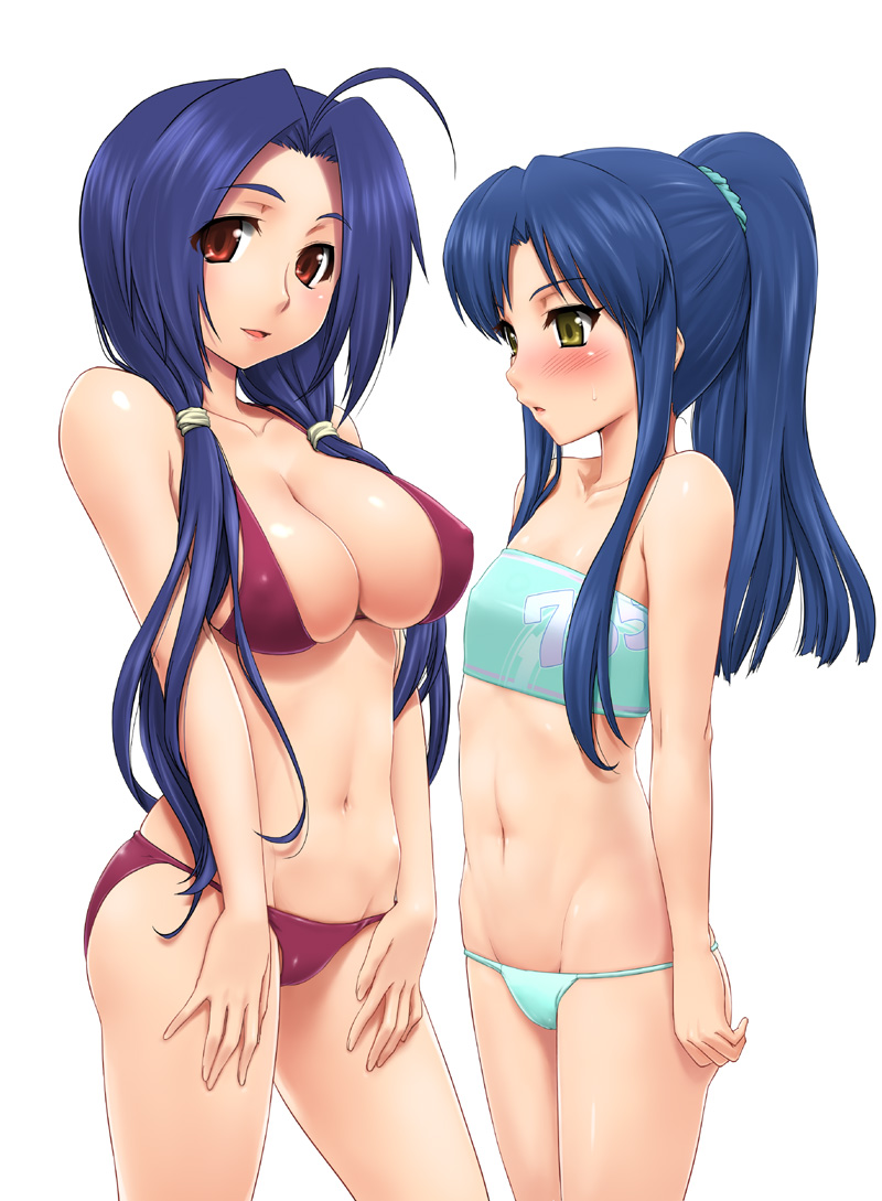 zanzi, kisaragi chihaya, miura azusa, idolmaster, idolmaster (classic), idolmaster 1, 00s, 2girls, bandeau bikini, bare shoulders, bikini, blush, breast envy, breasts, cleavage, female focus, flat chest, hair ornament, large breasts, long hair, looking at breasts, looking at viewer, low twintails, midriff, multiple girls, open m/, open mouth, ponytail, red eyes, simple background, smile, standing, strapless, strapless bikini, string bikini, swimsuit, twintails, white background, yellow eyes, yuri