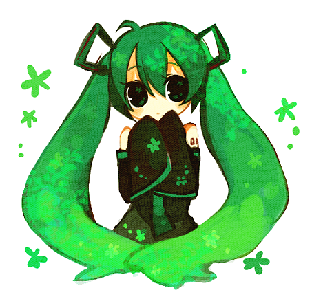 aruya (flosrota), hatsune miku, vocaloid, bad id, bad pixiv id, lowres, aged down, detached sleeves, green hair, green theme, long hair, sleeves past wrists, solo, twintails, very long hair
