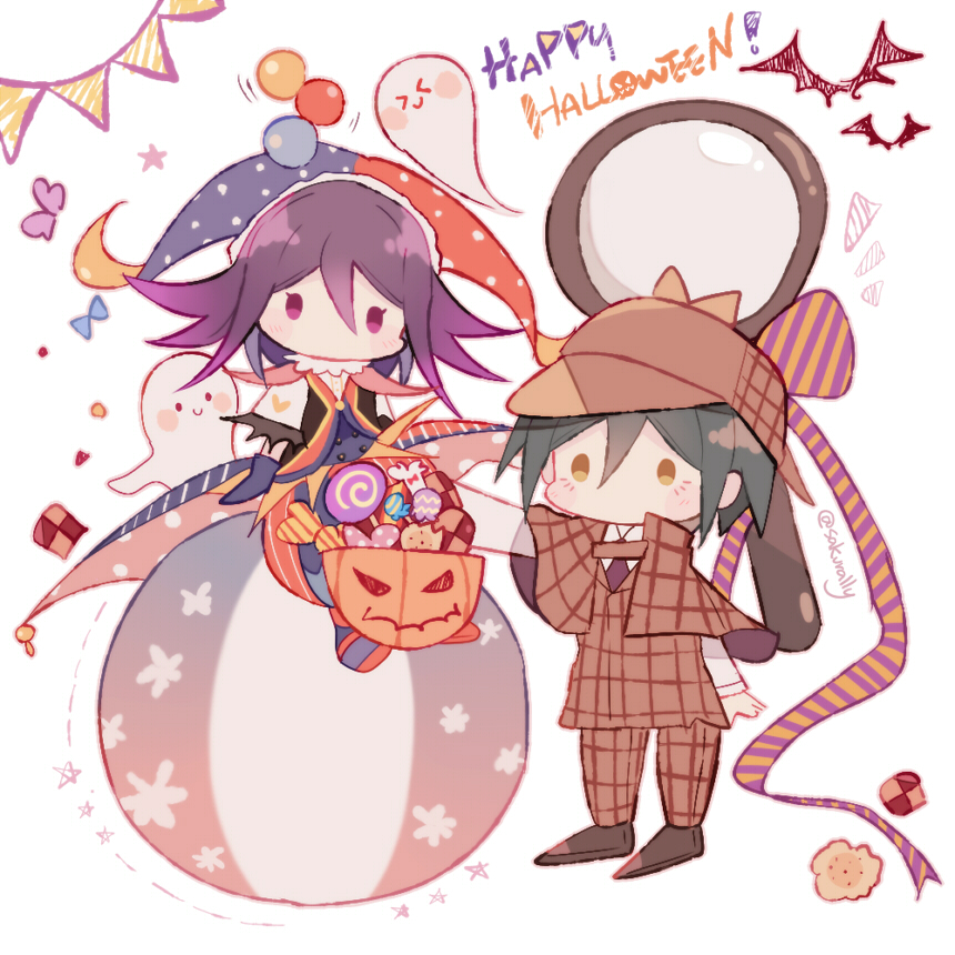 sakura (fein5862817), oma kokichi, saihara shuichi, danganronpa (series), danganronpa v3: killing harmony, commentary request, 2boys, aqua hair, baggy pants, ball, bat (animal), beachball, black coat, black shoes, blue boots, blue hat, blue pants, blue vest, blush stickers, boots, bow, brown bow, brown capelet, brown hat, brown jacket, brown pants, bucket, candy, capelet, checkerboard cookie, chibi, clown, coat, coattails, collared jacket, collared shirt, cookie, deerstalker, detective, dress shoes, english text, eyelashes, food, fur-trimmed sleeves, fur trim, garland (decoration), hair between eyes, halloween, halloween bucket, halloween costume, happy halloween, hat, hat bow, heart, heart print, high collar, holding, holding bucket, jacket, jester cap, lapels, lollipop, long eyelashes, long sleeves, magnifying glass, male focus, multiple boys, necktie, no mouth, notice lines, official alternate costume, on ball, outstretched arm, oversized object, pants, plaid capelet, plaid clothes, plaid hat, plaid jacket, plaid pants, polka dot coat, polka dot headwear, print sleeves, purple eyes, purple hair, purple necktie, red coat, red hat, red pants, shirt, shoes, short hair, short sleeves, simple background, sitting, sleeveless, sleeveless coat, solid oval eyes, split-color clothes, standing, star (symbol), striped clothes, striped coat, striped pants, swirl lollipop, two-sided coat, two-sided fabric, two-tone hat, two-tone pants, v-neck, vertical-striped clothes, vertical-striped pants, vest, white background, white shirt, yellow eyes