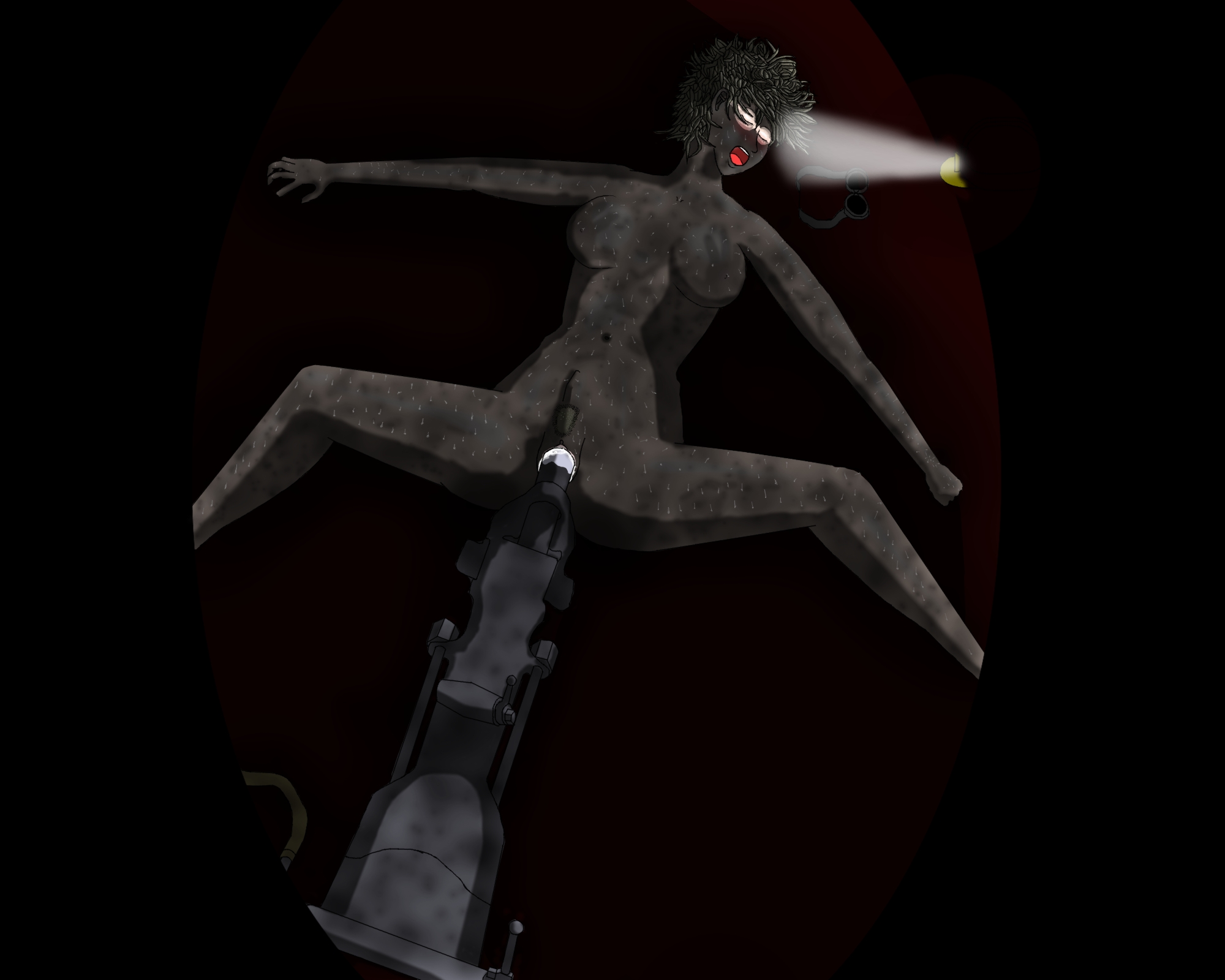 ash, mine, highres, blonde hair, breasts, closed eyes, dirt, dirty, flashlight, goggles, hat, helmet, jackhammer, lying, messy hair, nude, open mouth, pubic hair, short hair, soot, sweat, wet, wide hips