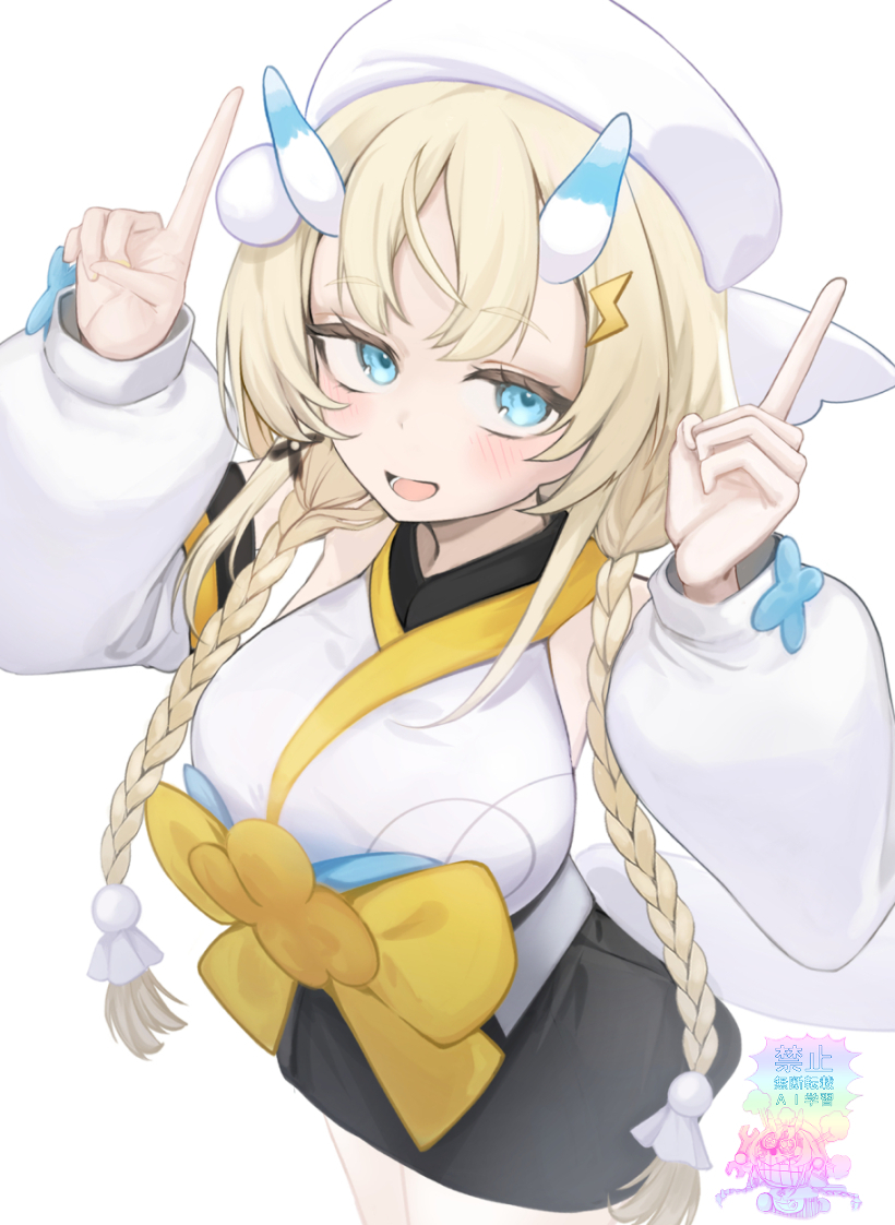 kadou mikaru, nijisanji, 1girl, bare shoulders, black skirt, blonde hair, blue bow, blue eyes, blue horns, blush, bow, braid, breasts, cowboy shot, detached sleeves, ee3 jp212, hair ornament, hair over shoulder, hakama, hakama skirt, hands up, hat, headset, horns, index fingers raised, japanese clothes, kimono, large breasts, lightning bolt, lightning bolt hair ornament, lightning bolt symbol, long sleeves, low twin braids, miniskirt, multicolored horns, no jacket, obi bow, open mouth, pom pom (clothes), pom pom hair ornament, puffy long sleeves, puffy sleeves, sidelocks, simple background, skirt, solo, teruterubouzu, twin braids, two-tone horns, upturned eyes, virtual youtuber, watermark, white background, white hat, white horns, white kimono, white tail, x hair ornament, yellow bow