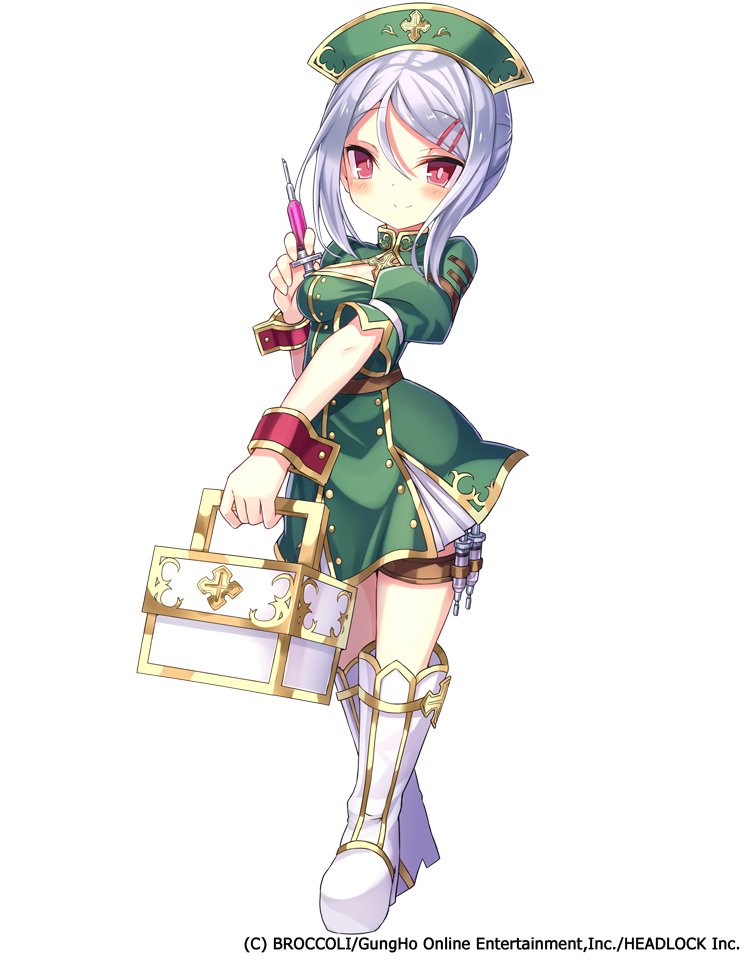 armadillon, emil chronicle online, official art, 1girl, belt, boots, box, breasts, brown belt, cleavage cutout, clothing cutout, company name, copyright notice, dress, ghost alma, green dress, green hat, hair ornament, hairclip, hat, holding, holding box, holding syringe, large breasts, nurse cap, red eyes, red wrist cuffs, smile, solo, syringe, syringe holster, thigh belt, thigh strap, white background, white boots, white hair, wrist cuffs