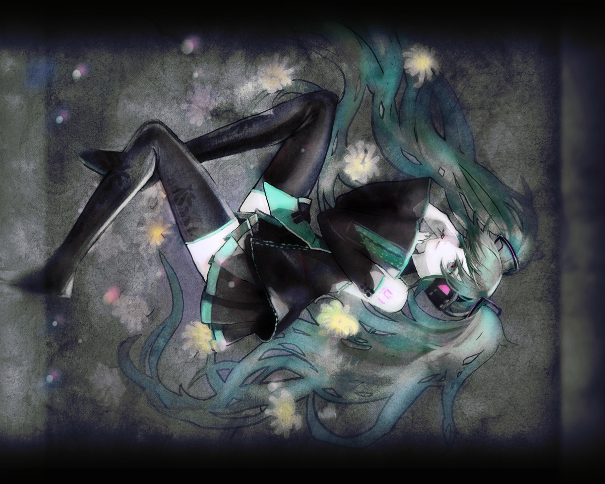 tomatika, hatsune miku, vocaloid, bad id, bad pixiv id, green hair, headphones, skirt, solo, thighhighs, twintails, zettai ryouiki
