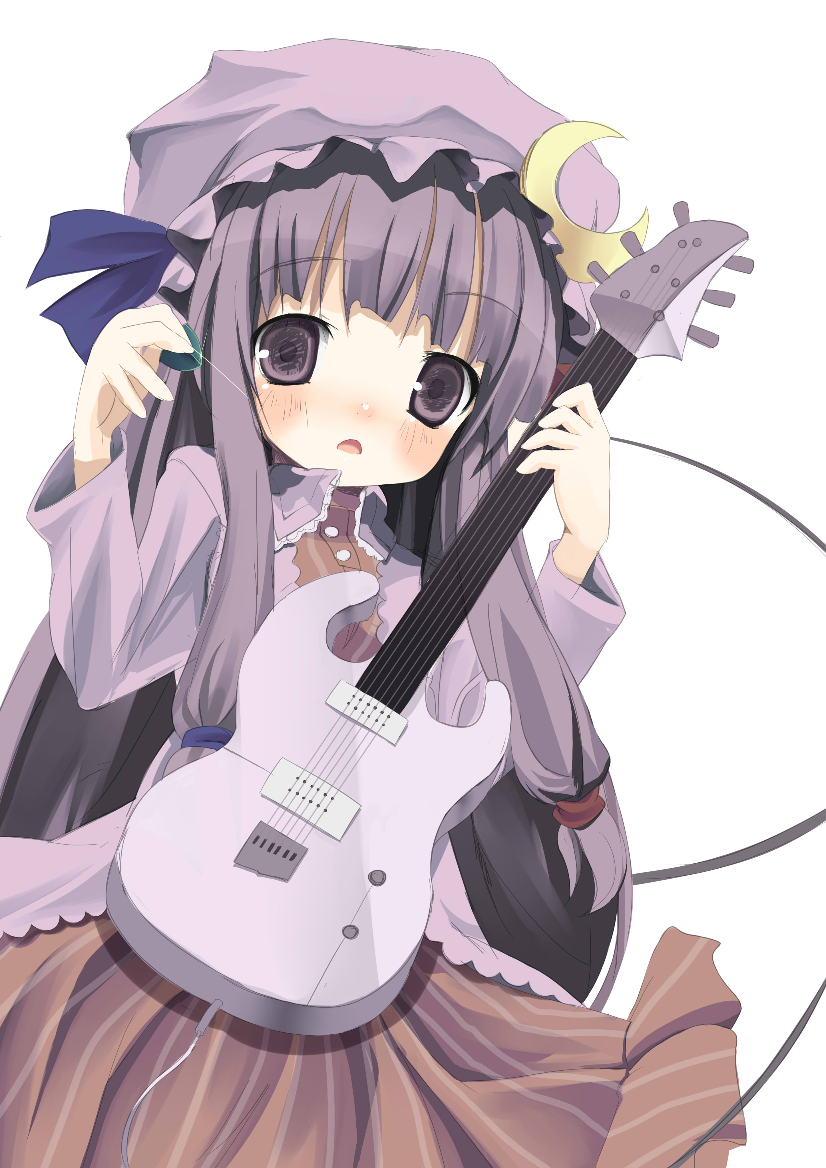 shiro (octet), patchouli knowledge, shiro, touhou, absurdres, colorized, highres, 1girl, crescent, crescent hat ornament, female focus, guitar, hat, hat ornament, instrument, long hair, purple eyes, purple hair, simple background, solo, standing, white background