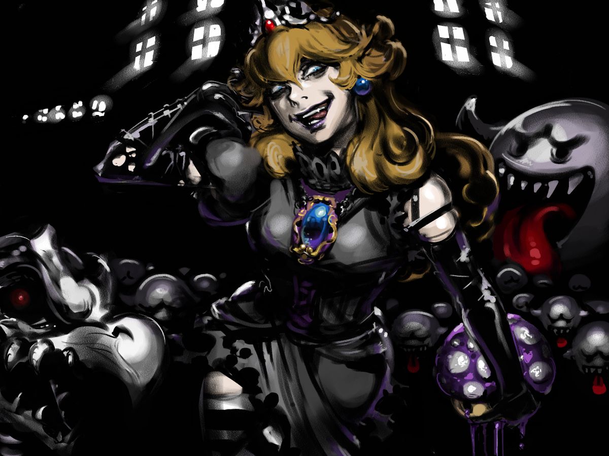 nekoixa, boo (mario), dry bones, poison mushroom, princess peach, mario (series), nintendo, bad id, bad pixiv id, 1girl, elbow gloves, fang, fangs, gloves, mushroom, pale skin