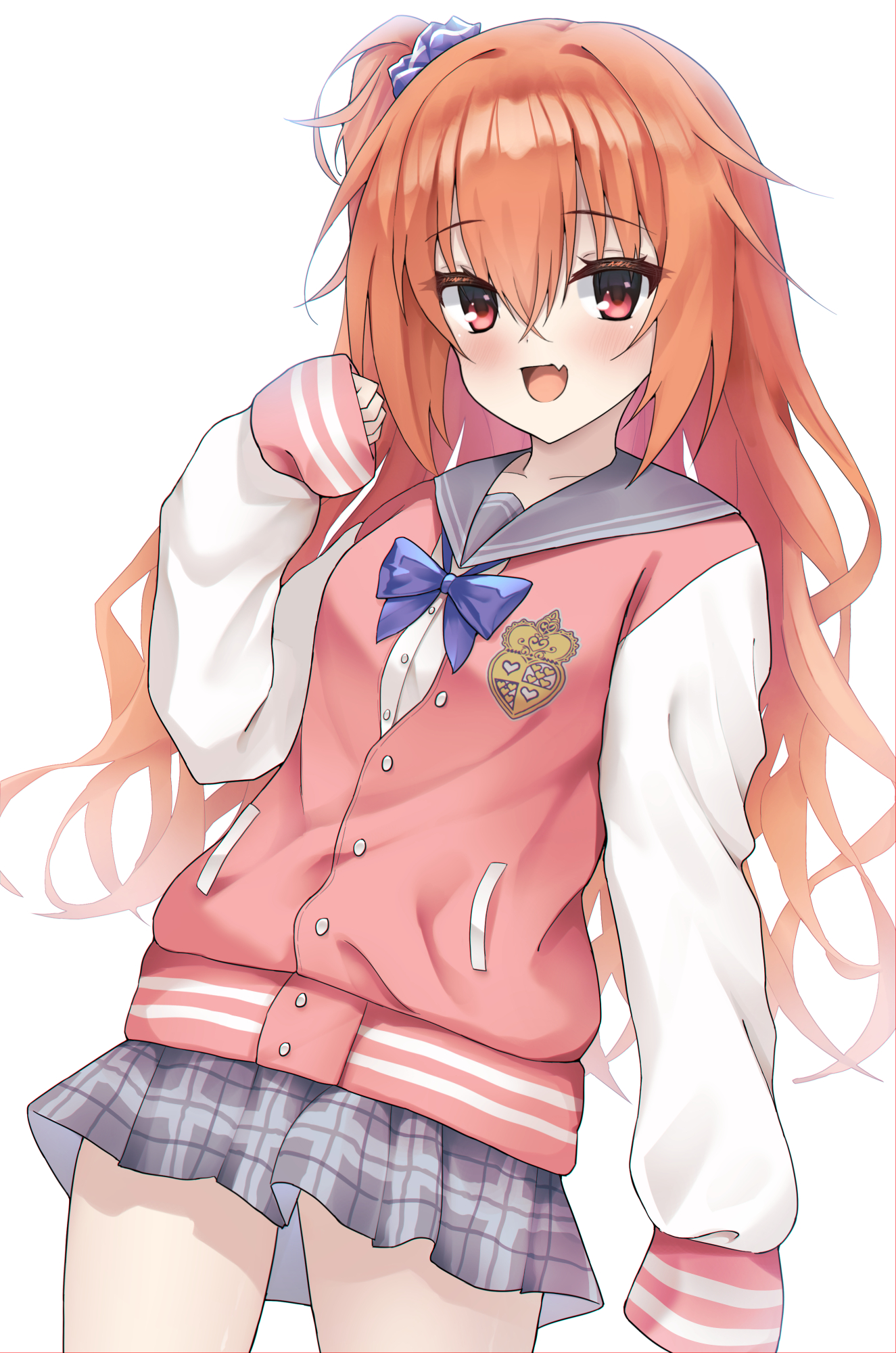 glazearty, inaba meguru, sanoba witch, commentary, highres, 1girl, :d, arm at side, bloom, blue bow, blue bowtie, blue scrunchie, blush, bow, bowtie, cowboy shot, crossed bangs, eyelashes, eyes visible through hair, fang, floating hair, grey sailor collar, grey skirt, hair between eyes, hair ornament, hair scrunchie, happy, heart, jacket, letterman jacket, long hair, looking at viewer, miniskirt, one side up, open mouth, orange hair, pink jacket, plaid clothes, plaid skirt, pleated skirt, red eyes, sailor collar, school uniform, scrunchie, serafuku, sidelocks, simple background, skin fang, skirt, sleeves past fingers, sleeves past wrists, smile, solo, very long hair, wavy hair, white background, white sleeves