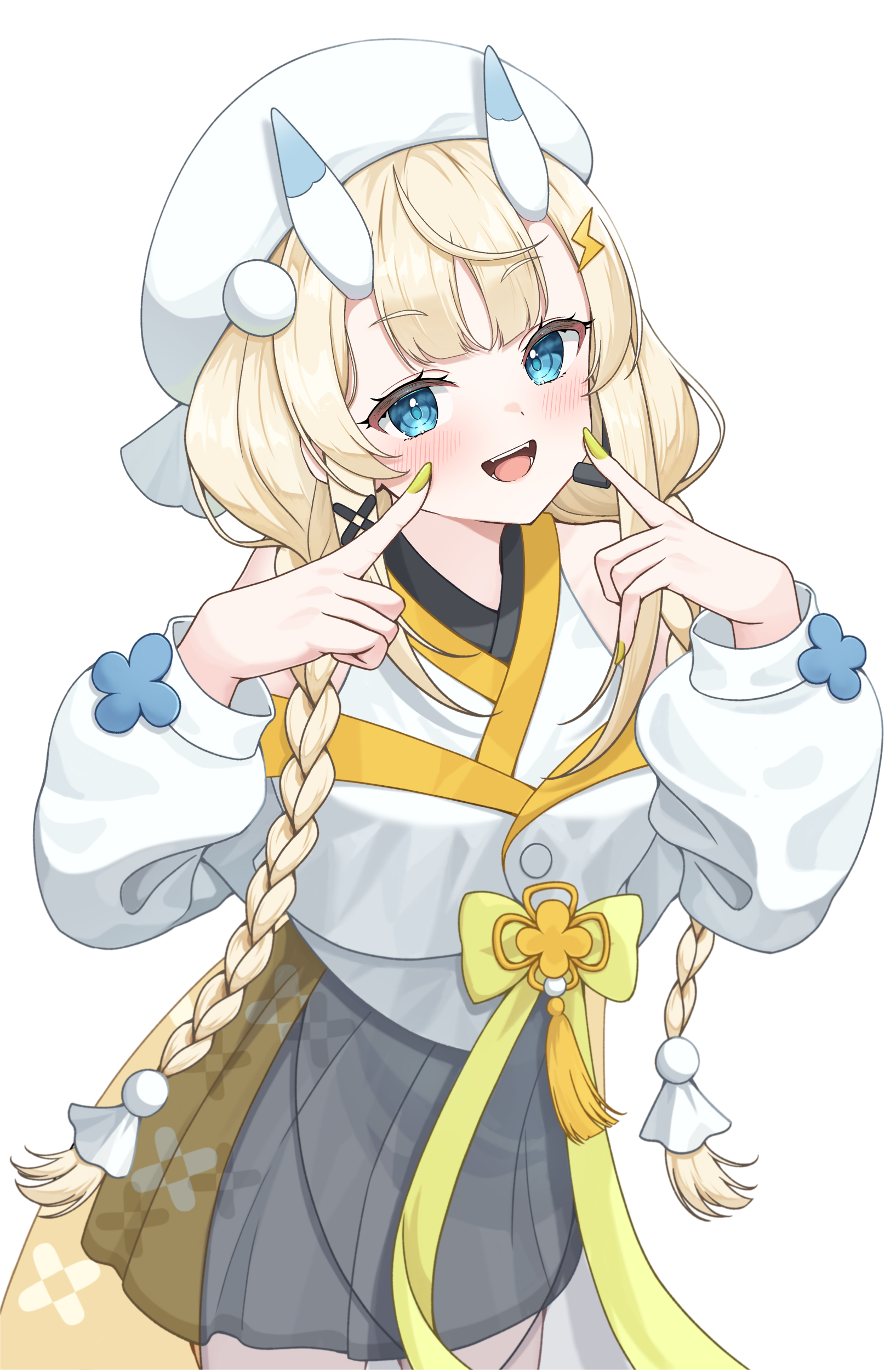 kadou mikaru, nijisanji, absurdres, highres, 1girl, :d, bare shoulders, black skirt, blonde hair, blue eyes, blue horns, blush, braid, coat, coat partially removed, cowboy shot, fangs, fingers to cheek, flower knot, hair ornament, hair over shoulder, hakama, hakama skirt, hat, headset, horns, japanese clothes, kimono, layered sleeves, lightning bolt, lightning bolt hair ornament, lightning bolt symbol, long sleeves, looking at viewer, low twin braids, miniskirt, multicolored horns, nail polish, open mouth, pom pom (clothes), pom pom hair ornament, puffy long sleeves, puffy sleeves, ribbon, see-through clothes, short over long sleeves, short sleeves, sidelocks, simple background, skirt, smile, solo, standing, teruterubouzu, twin braids, two-tone horns, virtual youtuber, white background, white coat, white hat, white horns, white kimono, x hair ornament, yellow nails, yellow ribbon, yellow trim, zi xing