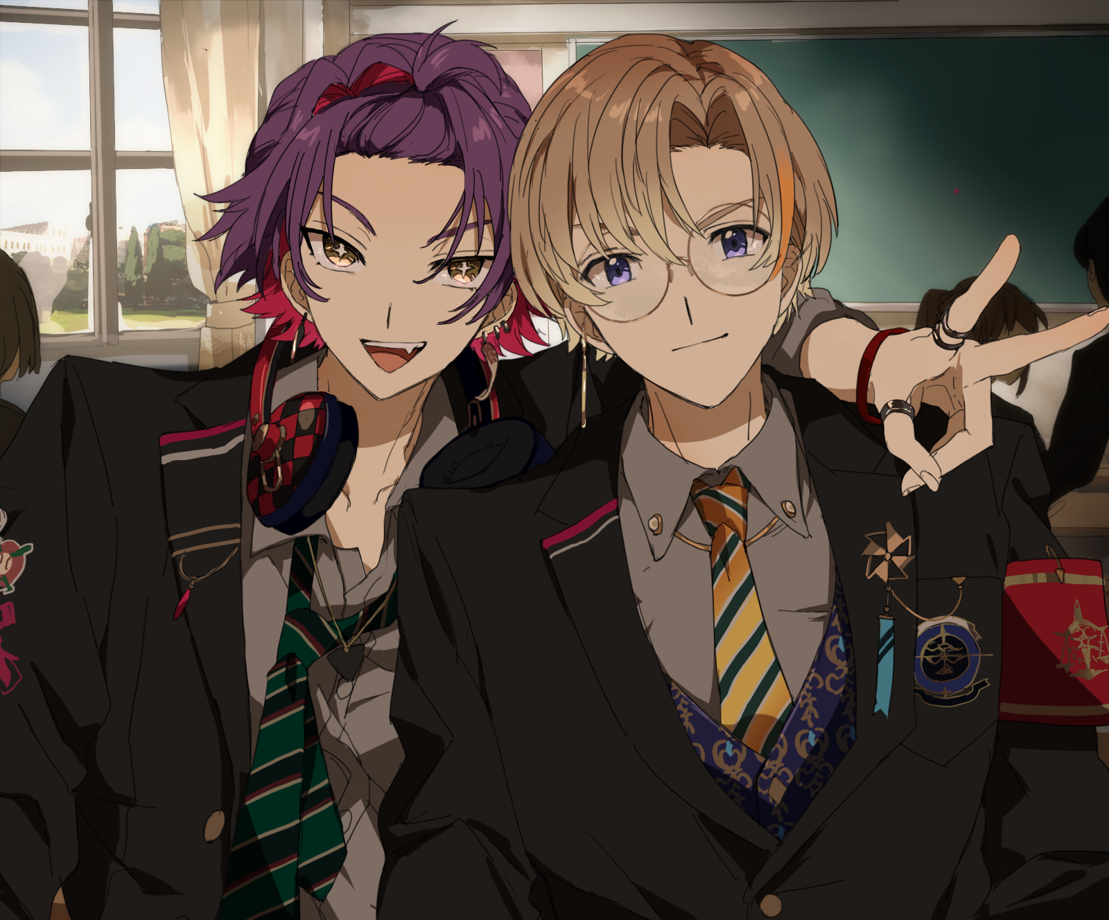 matsuhago, fura kanato, fura kanato (school uniform), watarai hibari, watarai hibari (school uniform), nijisanji, hashtag-only commentary, highres, 2boys, arm around shoulder, bangs pinned back, black jacket, bracelet, brown hair, classroom, colored inner hair, curtained hair, glasses, grey shirt, hair intakes, headphones, headphones around neck, indoors, jacket, jewelry, looking at viewer, male focus, multicolored hair, multiple boys, necklace, official alternate costume, purple eyes, purple hair, school uniform, shirt, short hair, smile, two-tone hair, v, virtual youtuber, yellow eyes