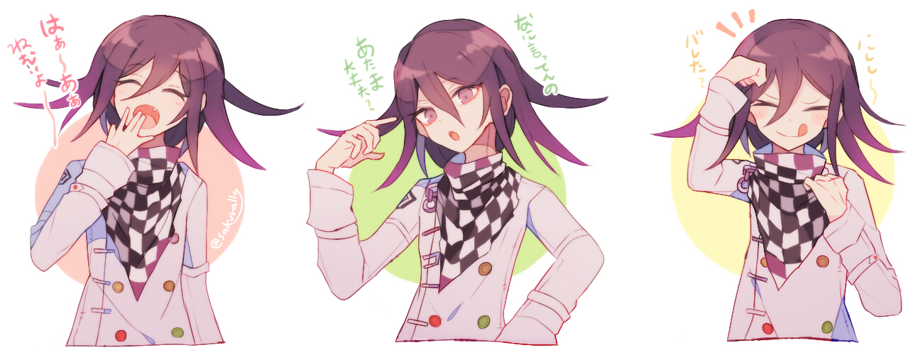 sakura (fein5862817), oma kokichi, danganronpa (series), danganronpa v3: killing harmony, commentary request, translation request, > <, 1boy, adjusting scarf, aegyo sal, annoyed, arm belt, belt, black scarf, buttons, chain, checkered clothes, checkered scarf, circle, clenched hand, closed eyes, crest, cropped torso, dot nose, double-breasted, fang, hair between eyes, hand on own head, hand on own hip, hand to own mouth, happy, jacket, light blush, long hair between eyes, male focus, multicolored buttons, multiple belts, multiple expressions, multiple views, notice lines, open mouth, pointing, pointing at self, purple eyes, purple hair, scarf, short hair, sleepy, tongue, tongue out, twitter username, two-tone scarf, white background, white belt, white jacket, white scarf, yawning