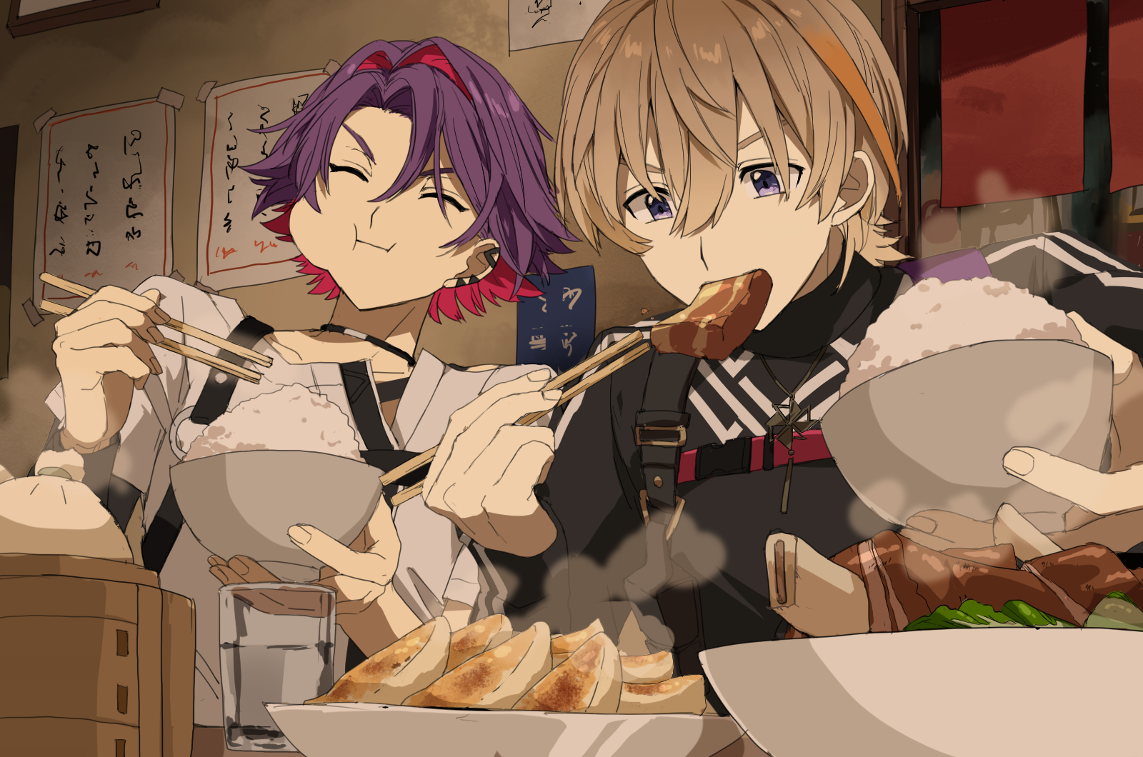 matsuhago, fura kanato, watarai hibari, nijisanji, hashtag-only commentary, highres, 2boys, bacon, black shirt, bowl, brown hair, chopsticks, closed eyes, closed mouth, colored inner hair, eating, food, hair between eyes, hair intakes, holding, holding chopsticks, long sleeves, male focus, multicolored hair, multiple boys, plate, purple eyes, purple hair, rice bowl, shirt, short hair, turtleneck, turtleneck shirt, two-tone hair, virtual youtuber, white shirt
