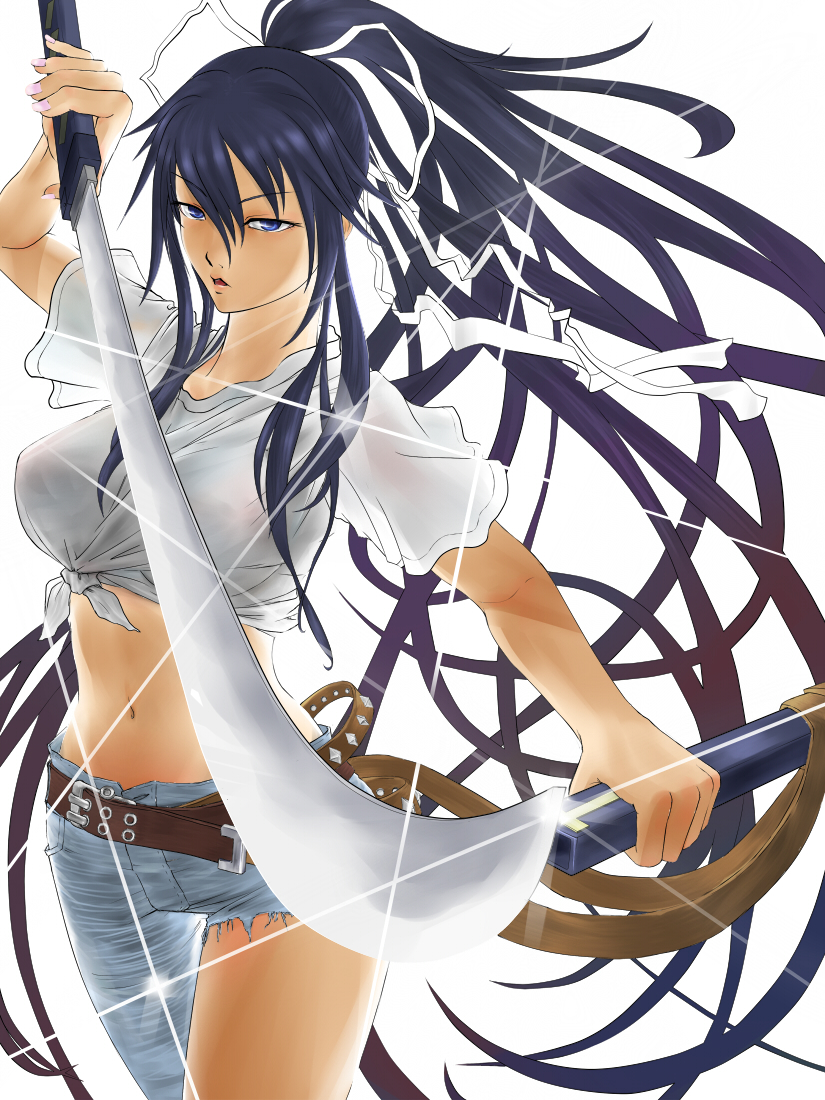 rakugaki iruka, kanzaki kaori, toaru majutsu no index, 00s, 1girl, asymmetrical clothes, belt, blue eyes, blue hair, breasts, cutoffs, denim, female focus, foreshortening, hair ribbon, jeans, large breasts, long hair, matching hair/eyes, midriff, navel, pants, ponytail, ribbon, shirt, single pantsleg, solo, sword, t-shirt, very long hair, weapon