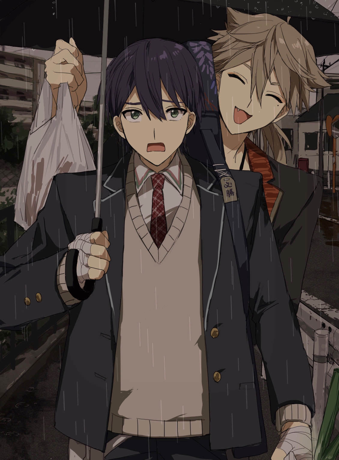 matsuhago, fushimi gaku, fushimi gaku (1st costume), kenmochi touya, kenmochi touya (1st costume), nijisanji, hashtag-only commentary, highres, 2boys, bag, bandaged hand, bandages, black jacket, blazer, brown cardigan, brown hair, cardigan, closed eyes, collared shirt, fang, green eyes, hair between eyes, holding, holding umbrella, jacket, male focus, mole, mole under eye, multiple boys, necktie, open clothes, open jacket, plastic bag, ponytail, purple hair, rain, red necktie, shirt, short hair, short ponytail, smile, umbrella, virtual youtuber