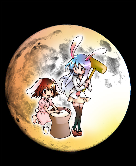 koroneri, inaba tewi, reisen udongein inaba, touhou, bad id, bad pixiv id, 2girls, female focus, food, hammer, kine, mallet, mochi, mochitsuki, moon, multiple girls, wagashi