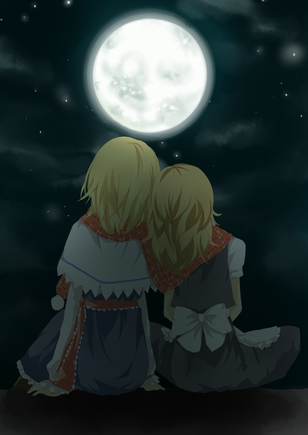 yatomi, alice margatroid, kirisame marisa, perfect cherry blossom, touhou, bad id, bad pixiv id, highres, 2girls, female focus, full moon, moon, multiple girls, night, scarf, shared clothes, shared scarf, yuri