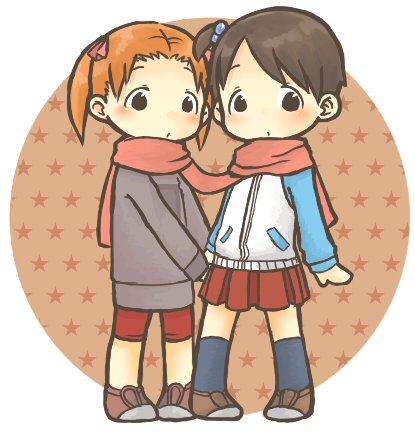 papiko, itou chika, matsuoka miu, ichigo mashimaro, lowres, brown hair, chibi, child, orange hair, scarf, shared clothes, shared scarf, short hair, side ponytail, skirt, twintails