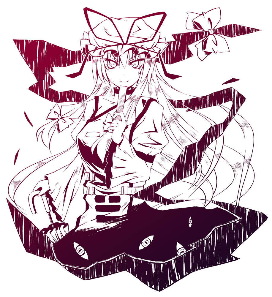 iseki mitsuharu, yakumo yukari, touhou, 1girl, female focus, folded fan, folding fan, gap (touhou), hand fan, hat, monochrome, red theme, smile, solo