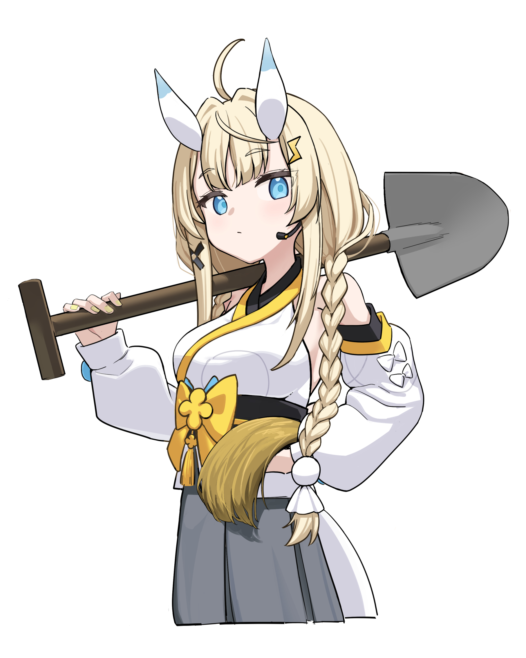tsuyu hitaki, kadou mikaru, nijisanji, highres, 1girl, ahoge, bare shoulders, blonde hair, blue bow, blue eyes, blue horns, bow, braid, breasts, closed mouth, cropped legs, detached sleeves, grey skirt, hair ornament, hair over shoulder, hakama, hakama skirt, hand on own hip, headset, holding, holding plant, holding shovel, horns, japanese clothes, kimono, large breasts, lightning bolt, lightning bolt hair ornament, lightning bolt symbol, long sleeves, looking at viewer, low twin braids, miniskirt, multicolored horns, nail polish, no headwear, no jacket, obi, obi bow, obijime, plant, puffy long sleeves, puffy sleeves, sash, shovel, sidelocks, simple background, skirt, solo, teruterubouzu, twin braids, two-tone horns, virtual youtuber, wheat, white background, white bow, white horns, white kimono, white tail, x hair ornament, yellow bow, yellow nails
