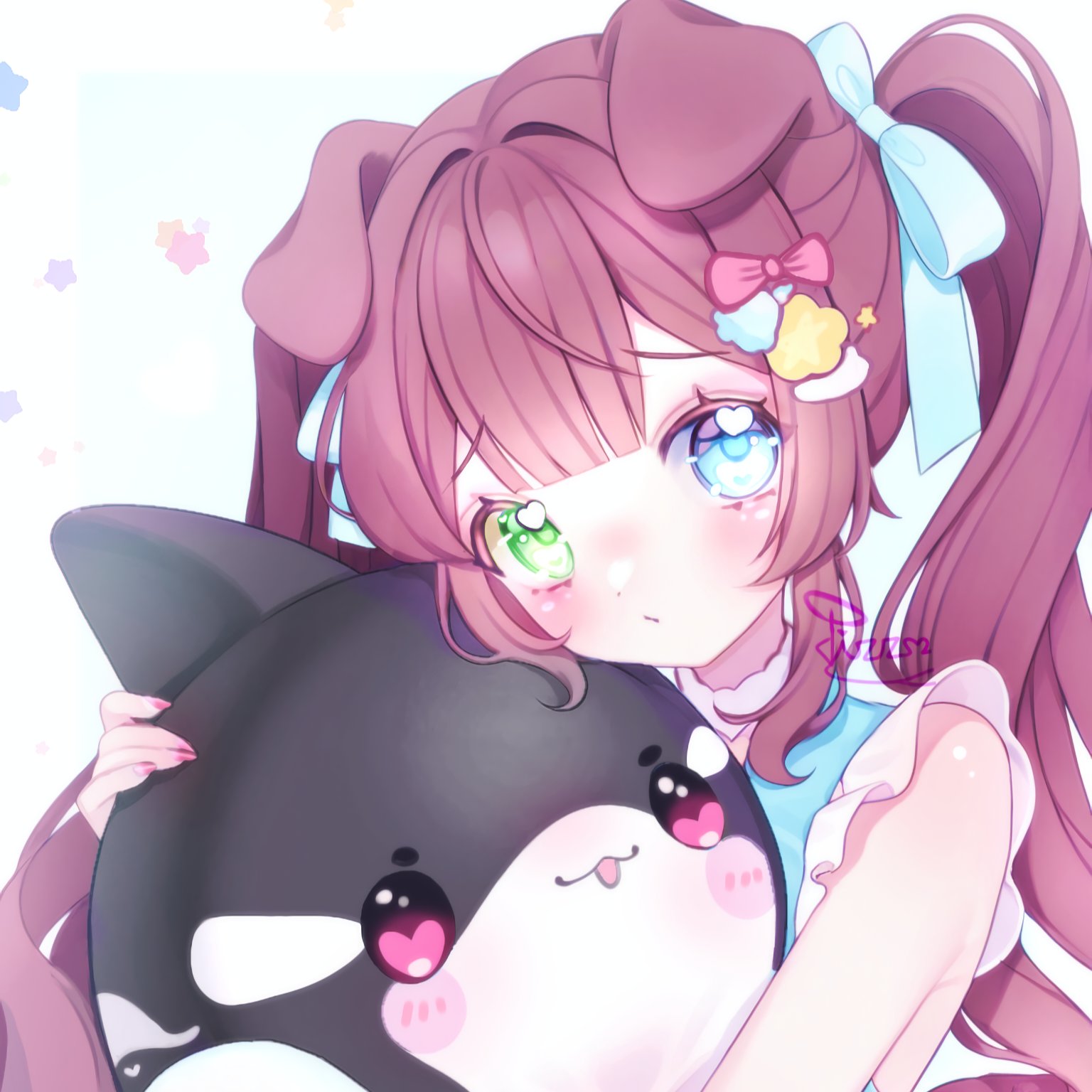 original, commentary, english commentary, highres, 1girl, animal ears, blue eyes, blue ribbon, blush, bow, brown hair, center-flap bangs, closed mouth, dissociatedcat, dog ears, dog girl, double-parted bangs, fingernails, floppy ears, green eyes, hair bow, hair ornament, hair ribbon, heart, heart in eye, hugging doll, hugging object, long hair, looking at viewer, nail polish, pink bow, pink nails, raised inner eyebrows, ribbon, sleeveless, solo, stuffed animal, stuffed shark, stuffed toy, symbol in eye, twintails, upper body, white background