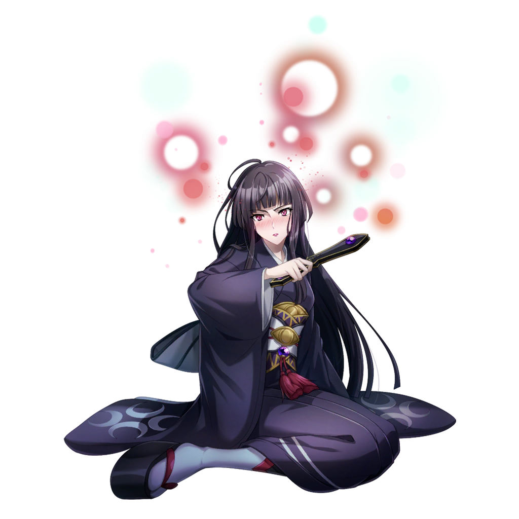 glass (tate no yuusha no nariagari), tate no yuusha no nariagari, tate no yuusha no nariagari rerise, artist request, game cg, official art, 1girl, armor, black armor, black hair, black sandals, blunt bangs, blunt ends, blush, breasts, closed mouth, eyelashes, folded fan, folding fan, full body, hand fan, hand up, holding, holding fan, japanese clothes, kimono, kneehighs, light frown, light particles, long hair, long sleeves, looking at viewer, obi, okobo, pink lips, platform sandals, purple kimono, red eyes, sandals, sash, shin guards, simple background, sitting, small breasts, socks, solo, straight-on, straight hair, transparent background, v-shaped eyebrows, vassal fan (demon dragon fan) (tate no yuusha no nariagari), vassal fan (tate no yuusha no nariagari), white sash, white socks, wide sleeves, yokozuwari, yukata