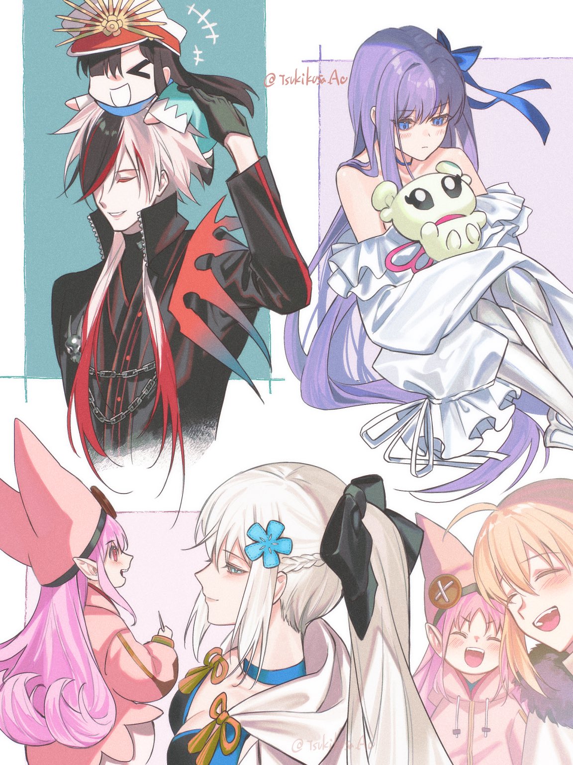 aesc (fate), aesc (savior) (fate), con (fate), habetrot (fate), meltryllis, meltryllis (fate), meltryllis (swimsuit lancer) (fate), meltryllis (swimsuit lancer) (second ascension) (fate), mini nobu (fate), morgan le fay (fate), oda nobunaga (fate), fate/grand order, fate (series), commentary request, highres, 1boy, 5girls, black hair, black ribbon, blonde hair, blue eyes, blue flower, closed eyes, closed mouth, creature, dress, flower, grey hair, grin, hair flower, hair ornament, hair ribbon, hat, kondou isami (fate), long hair, looking at another, multicolored hair, multiple girls, on head, pink eyes, pink hair, pink hat, pointy ears, ponytail, profile, purple hair, red hair, ribbon, shinsengumi, sitting, size difference, smile, swimsuit, tsukikusa ao, twitter username, very long hair, white hair