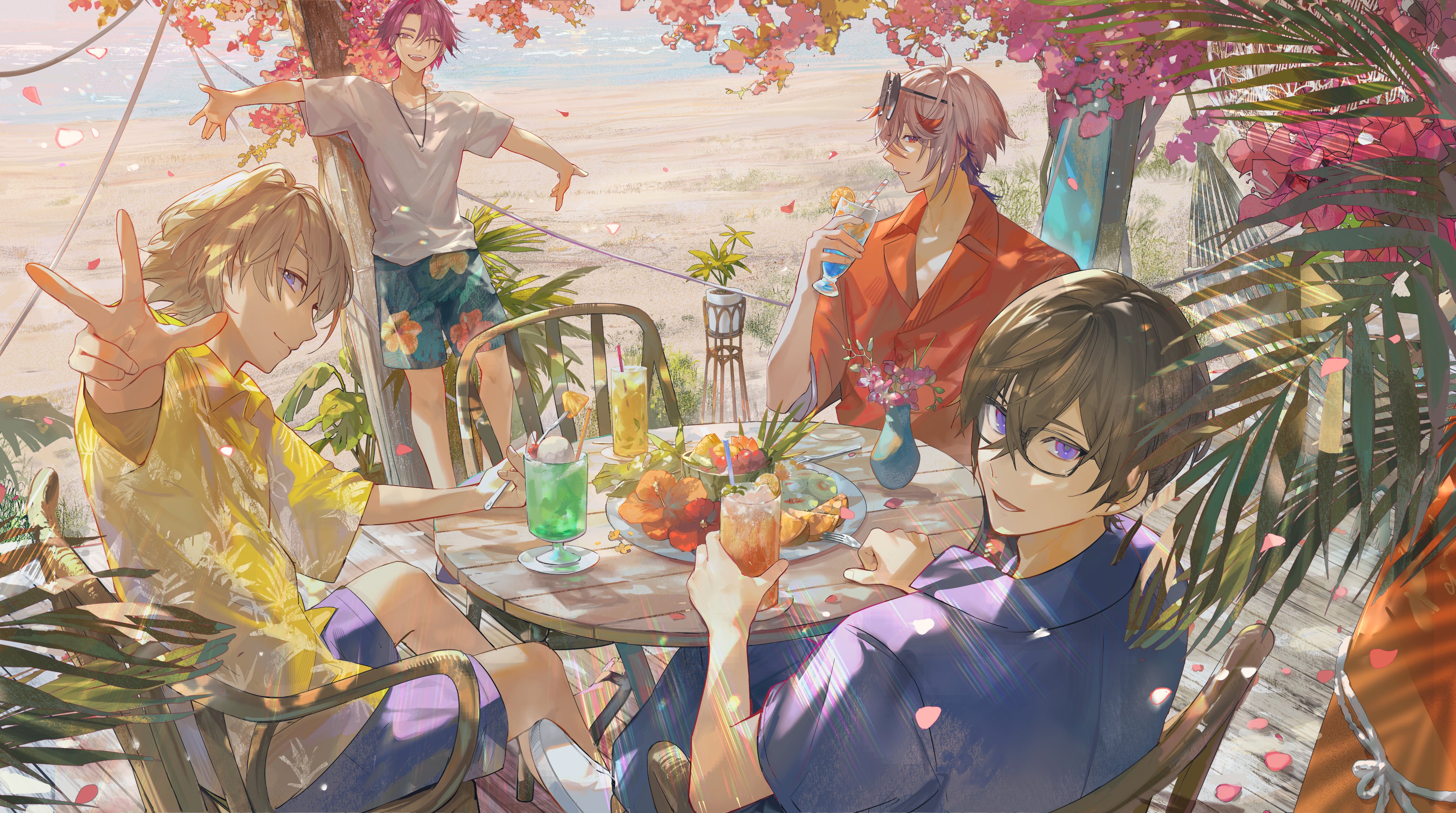 yoruirooo777, fura kanato, seraph dazzlegarden, shikinagi akira, watarai hibari, nijisanji, voltaction, absurdres, highres, 4boys, beach, black hair, blonde hair, blue shirt, chair, cup, glasses, hand up, hawaiian shirt, holding, holding cup, jewelry, looking at viewer, male focus, multiple boys, necklace, on chair, outdoors, pink hair, plate, purple eyes, purple hair, red shirt, shirt, short sleeves, shorts, sitting, table, tree, virtual youtuber, w, white shirt, yellow shirt