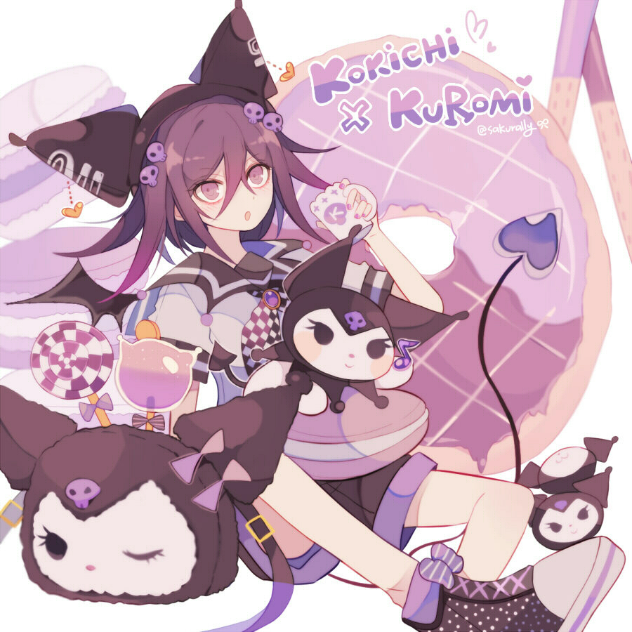 sakura (fein5862817), kuromi, oma kokichi, danganronpa (series), danganronpa v3: killing harmony, onegai my melody, sanrio, 1boy, :o, aegyo sal, animal ear hairband, animal ears, backpack, bag, black hairband, black neckerchief, black sailor collar, black shoes, black shorts, black tail, black wings, bow, brooch, candy, character bag, character name, checkered neckerchief, collared shirt, cookie, cross-laced shoes, crossover, cup, demon tail, demon wings, dot nose, eyelashes, fake animal ears, fake tail, fake wings, food, foot out of frame, footwear bow, full body, hair between eyes, hair ornament, hairband, heart, holding, holding cup, jewelry, lollipop, long hair between eyes, looking ahead, macaron, male focus, mug, nail polish, neckerchief, open mouth, oversized food, oversized object, pocky, polka dot footwear, purple bow, purple eyes, purple hair, purple nails, purple theme, sailor collar, sailor shirt, shirt, shoes, short hair, short sleeves, shorts, sitting, skull hair ornament, sneakers, striped bow, swirl lollipop, tail, twitter username, two-tone neckerchief, white background, white neckerchief, white shirt, wings