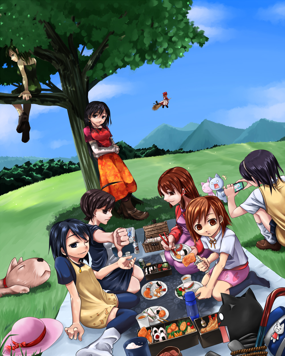 kasou (km6i), highres, 6+girls, ahoge, bento, black hair, blue eyes, blue hair, boots, broom, broom riding, brown eyes, brown hair, camera, cat, dog, dress, hairband, hat, kneehighs, multiple girls, nature, picnic, socks, thighhighs, thumbs down