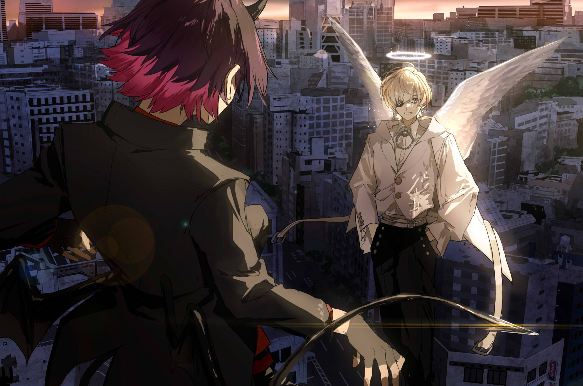 matsuhago, fura kanato, watarai hibari, nijisanji, hashtag-only commentary, highres, 2boys, angel and devil, angel wings, black jacket, black pants, brown hair, cityscape, collared shirt, colored inner hair, demon boy, demon horns, demon tail, demon wings, eyepatch, fingerless gloves, floating, gloves, halo, hands in pockets, horns, jacket, looking at another, low wings, male focus, multicolored hair, multiple boys, pants, purple eyes, purple hair, shirt, short hair, smile, tail, traditional halo, two-tone hair, virtual youtuber, white jacket, white shirt, wings