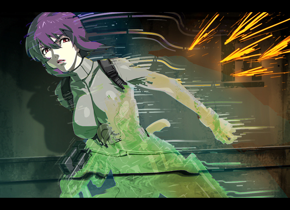 usatarou, kusanagi motoko, ghost in the shell, 1girl, bodysuit, female focus, gun, invisible, purple hair, red eyes, rifle, short hair, solo, weapon