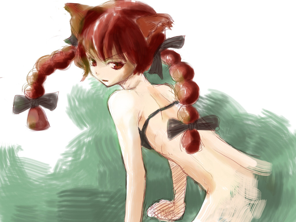 kuronuko neero, kaenbyou rin, touhou, bad id, bad pixiv id, 1girl, all fours, ass, bottomless, bra, braid, female focus, sketch, solo, twin braids, underwear, white background