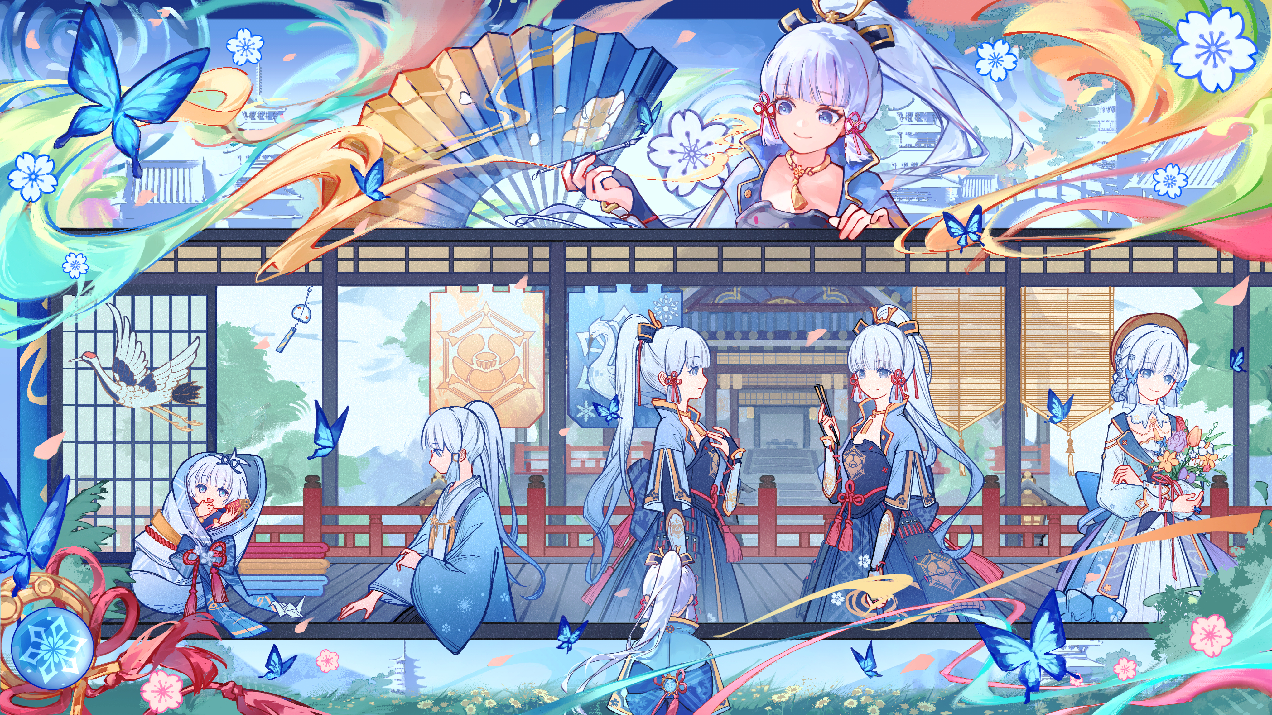 ayaka (genshin impact), genshin impact, absurdres, chinese commentary, commentary request, commission, highres, second-party source, 1girl, age progression, architecture, armor, back bow, blue bow, blue dress, blue eyes, blue hair, blue hakama, blue skirt, blunt bangs, blunt tresses, bouquet, bow, brown hat, bug, butterfly, butterfly hair ornament, calligraphy brush, closed mouth, collar, dress, east asian architecture, fang, flower, folded fan, folding fan, from side, hair flower, hair ornament, hair ribbon, hair up, hakama, hand fan, hat, holding, holding bouquet, holding calligraphy brush, holding fan, holding paintbrush, insect, japanese clothes, long hair, looking at viewer, mole, mole under eye, multiple views, official alternate costume, official alternate hairstyle, paintbrush, ponytail, red ribbon, ribbon, skirt, smile, tress ribbon, vision (genshin impact), white collar, white flower, yozen