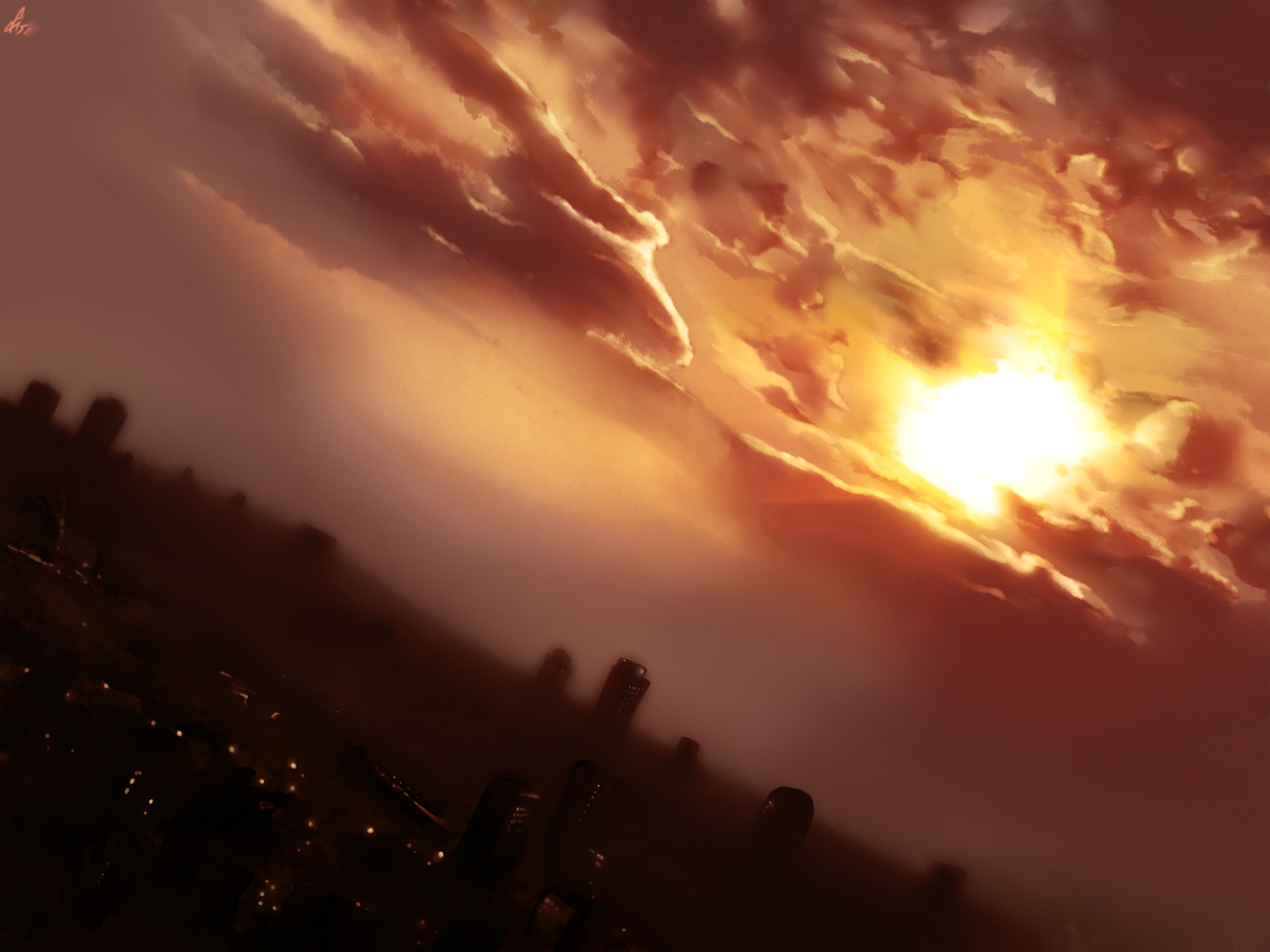 kasou (km6i), original, highres, cityscape, scenery, smog, sunset