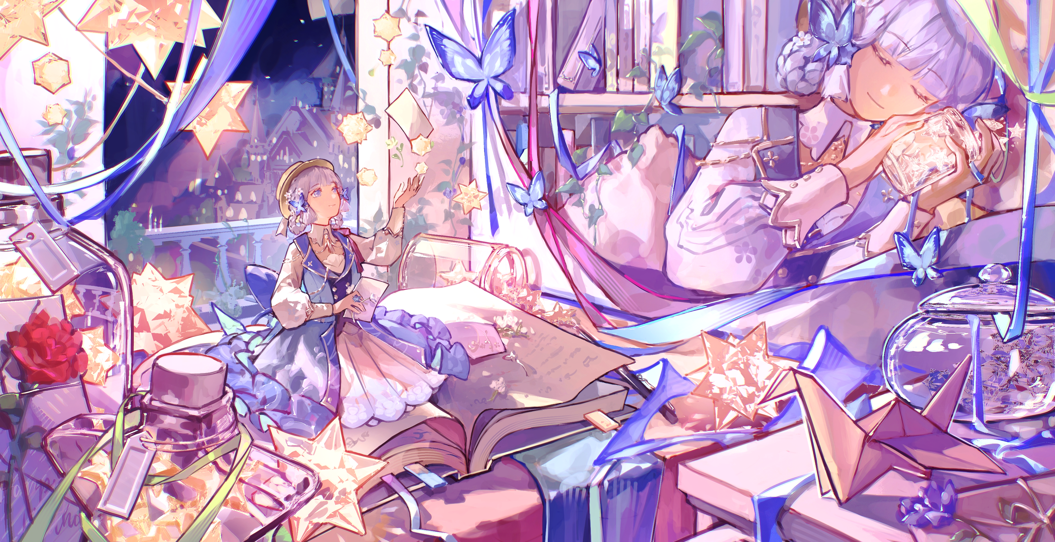 ayaka (genshin impact), kamisato ayaka, kamisato ayaka (springbloom missive), genshin impact, absurdres, chinese commentary, commentary request, commission, highres, second-party source, 1girl, architecture, back bow, blue bow, blue dress, blue eyes, blue hair, blunt bangs, blunt tresses, book, bookmark, bookshelf, bow, braid, brown hat, butterfly hair ornament, closed eyes, closed mouth, collar, dress, flower, frills, hair ornament, hair up, hand up, hat, holding, holding jar, holding paper, indoors, jar, long sleeves, multiple views, night, night sky, official alternate costume, official alternate hairstyle, open book, origami, paper, paper crane, pink ribbon, puffy long sleeves, puffy sleeves, ribbon, sitting, sky, smile, wariza, white collar, white ribbon, window, yozen