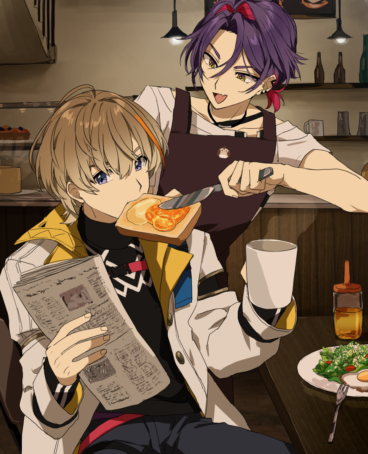matsuhago, fura kanato, fura kanato (1st costume), watarai hibari, nijisanji, hashtag-only commentary, highres, 2boys, apron, black shirt, bread, bread slice, brown apron, brown hair, coat, cup, food, food in mouth, hair between eyes, hair intakes, holding, holding cup, holding knife, holding newspaper, indoors, knife, looking at another, looking at viewer, male focus, mouth hold, mug, multiple boys, newspaper, plate, ponytail, purple eyes, purple hair, shirt, short hair, short ponytail, sitting, smile, toast, toast in mouth, virtual youtuber, white coat, white shirt, yellow eyes