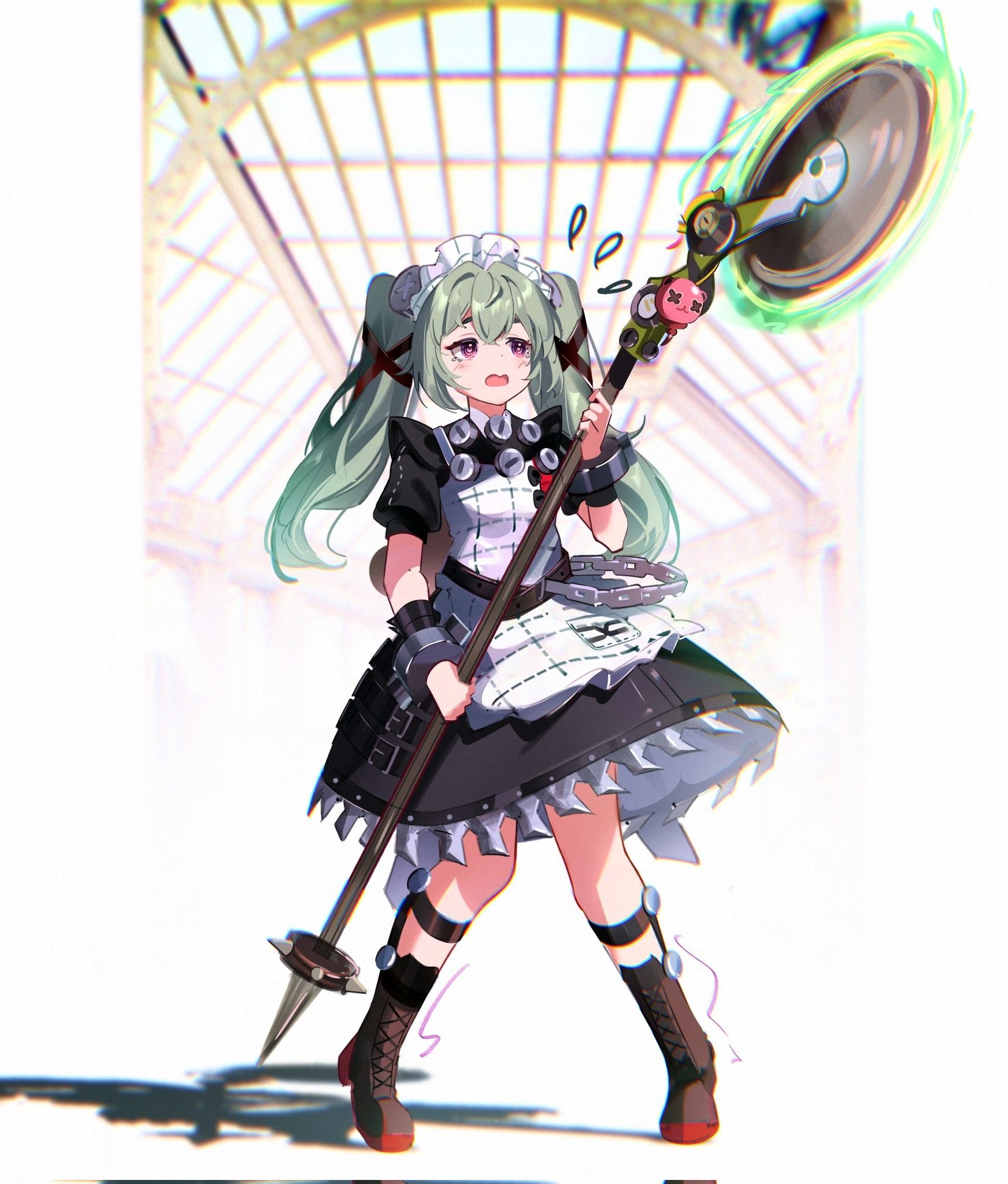 akirasaphien, corin wickes, zenless zone zero, commentary, corrupted twitter file, highres, 1girl, apron, black dress, boots, chain, circular saw, cuffs, dress, flying sweatdrops, green hair, holding, holding weapon, knee boots, long hair, maid, maid apron, maid headdress, purple eyes, saw, screw hair ornament, shadow, solo, twintails, weapon