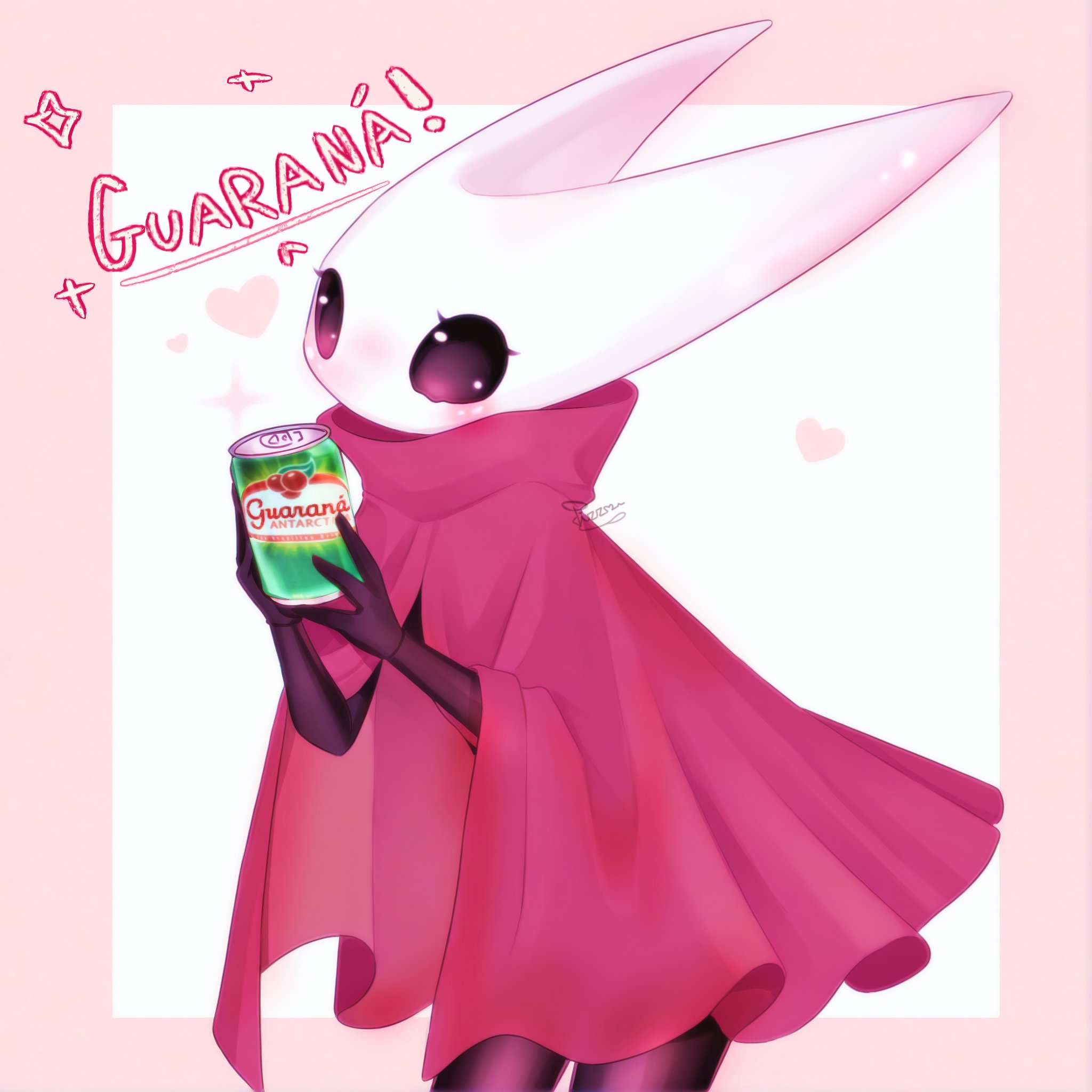 hornet (hollow knight), guarana antarctica, hollow knight, commentary, english commentary, highres, 1girl, arthropod girl, black eyes, blush, border, can, cloak, cowboy shot, dissociatedcat, drink can, holding, holding can, outside border, pink border, red cloak, solo, white background