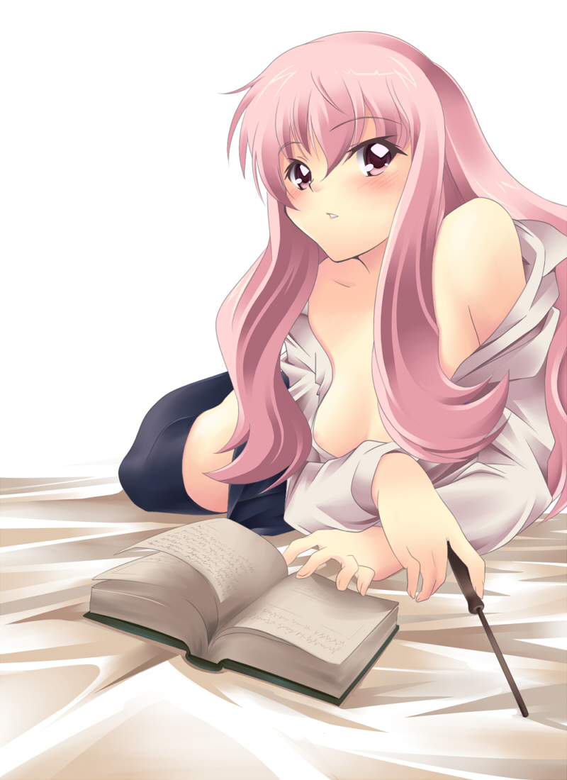 nanashi (soregashi), louise francoise le blanc de la valliere, zero no tsukaima, 00s, 1girl, areola slip, arm support, bed sheet, blush, book, breasts, female focus, lying, nipple slip, nipples, on stomach, open book, open clothes, open shirt, pink eyes, pink hair, reading, shirt, small breasts, solo, thighhighs, wand