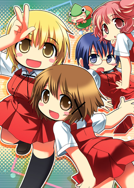 nagayama yuunon, hiro (hidamari sketch), miyako (hidamari sketch), sae (hidamari sketch), ume-sensei, yuno (hidamari sketch), hidamari sketch, bad id, bad pixiv id, 00s, 4girls, :d, blonde hair, blue eyes, blue hair, blush, brown eyes, brown hair, double bun, female focus, glasses, hair bun, hair ornament, hairclip, halftone, halftone background, loafers, looking at viewer, multiple girls, open mouth, pink hair, red eyes, school uniform, shoes, short hair, short sleeves, skirt, smile, thighhighs, v, yamabuki high school uniform