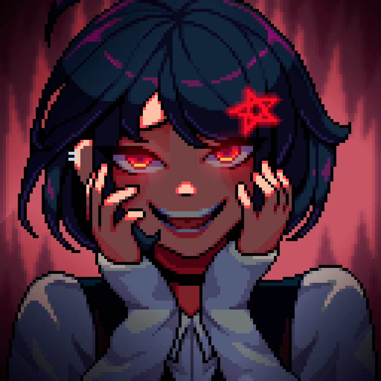 yumykon, original, highres, 1girl, black hair, choker, evil smile, hair ornament, hairclip, hands on own face, looking at viewer, open mouth, red background, red eyes, shirt, short hair, sleeves past wrists, smile, solo, upper body, white shirt, yumykon (yumykon)