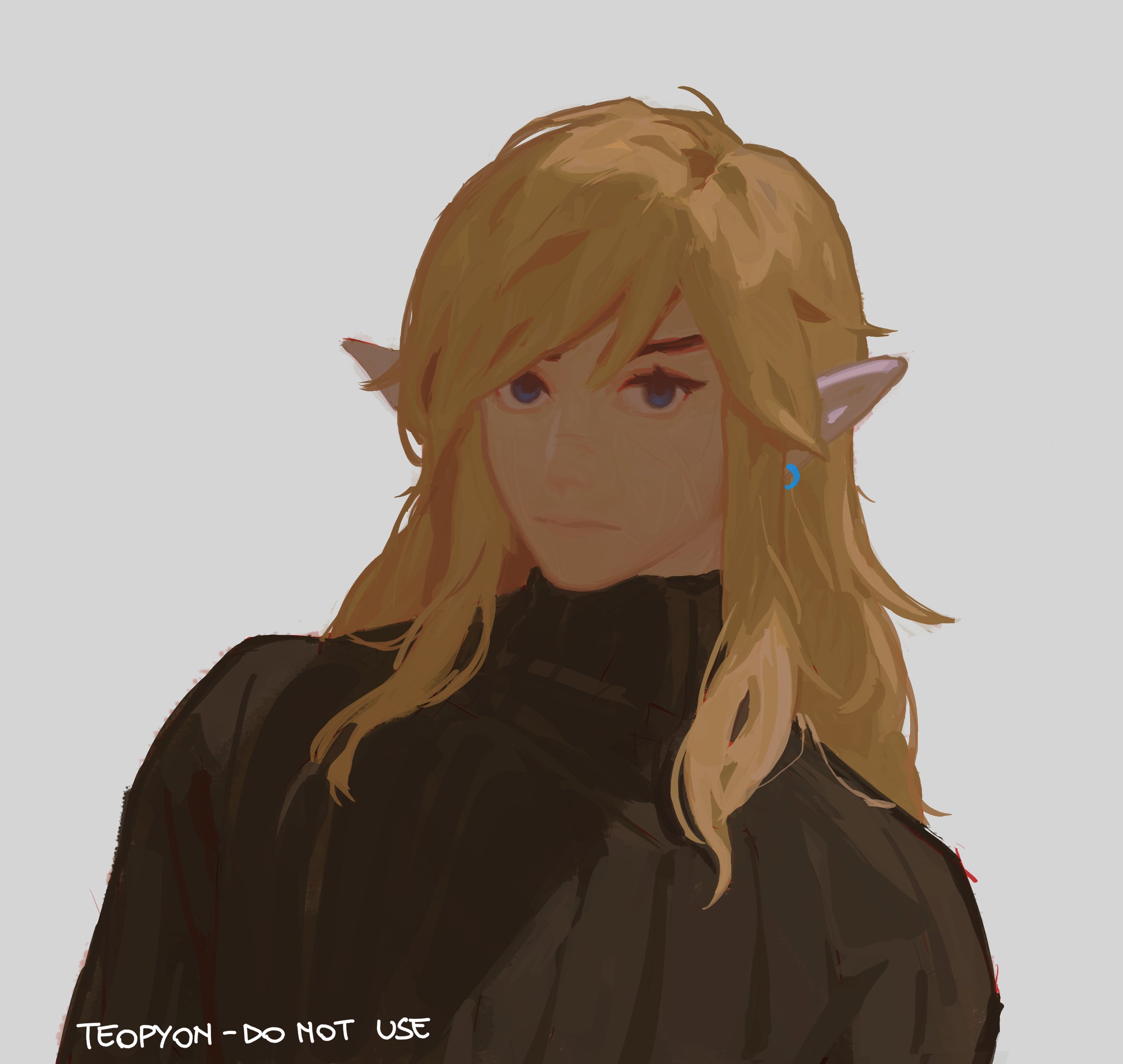 pyonteo, link, nintendo, the legend of zelda, the legend of zelda: tears of the kingdom, hashtag-only commentary, highres, 1boy, artist name, black sweater, blonde hair, blue eyes, earrings, english text, jewelry, long hair, pointy ears, scar, scratches, shade, sidelocks, simple background, solo, sweater, turtleneck, upper body, white background