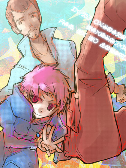 duster (mother), kumatora, mother (series), mother 3, nintendo, 1boy, 1girl, androgynous, beard, brown eyes, brown hair, facial hair, hood, hooded jacket, jacket, mustache, pink hair, red eyes, short hair, smile, tomboy