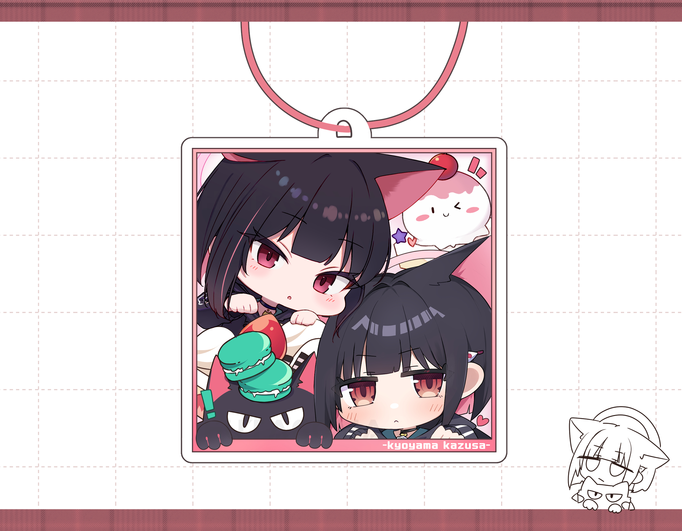 futagoma, yata mawari, kazusa (blue archive), blue archive, artist collaboration, commentary request, highres, !, 2girls, :<, :o, animal ears, black cat, black choker, black hair, black hoodie, blunt bangs, blush, bob cut, border, cat, cat choker, cat ears, cat girl, character name, chibi, chibi only, choker, closed mouth, colored inner hair, doodle inset, dual persona, extra ears, eyelashes, eyes visible through hair, food, food on head, frown, hair ornament, hairclip, halo, heart, hood, hood down, hoodie, jitome, looking at viewer, macaron, multicolored hair, multiple girls, notice lines, object on head, open mouth, outside border, pink border, pink hair, pink halo, portrait, red eyes, short hair, simple background, slit pupils, tsurime, two-tone hair, v-shaped eyebrows, white background