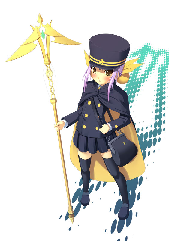 tenkuu nozora, fumika, kanaka, shigofumi, 00s, bag, blush, cape, hat, legs, purple hair, satchel, shako cap, skirt, solo, staff, thighhighs, yellow eyes