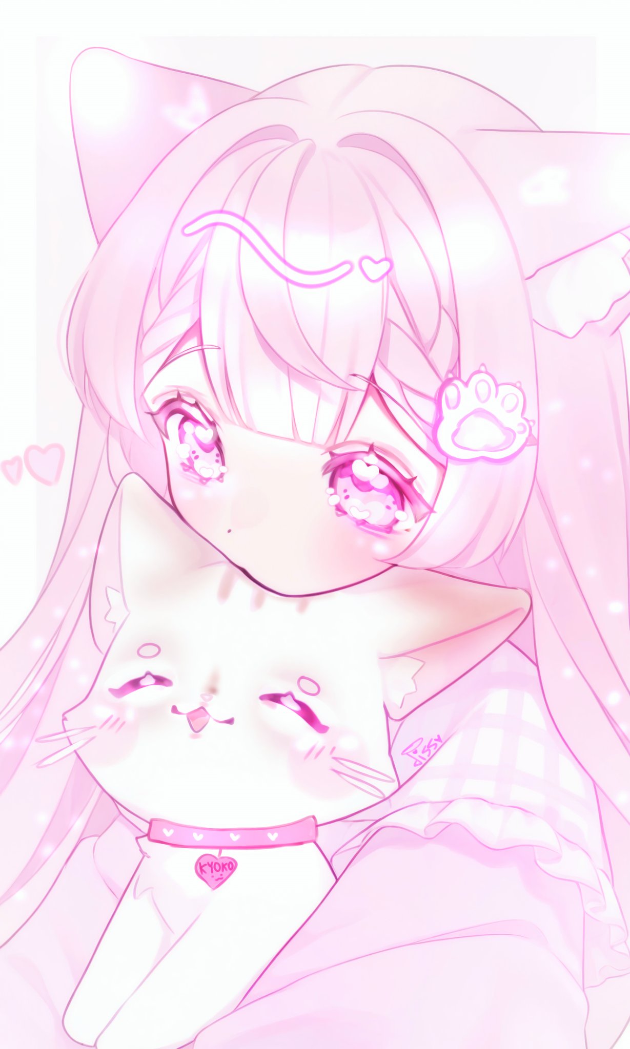 original, commentary, english commentary, highres, 1girl, animal ear fluff, animal ears, cat, cat ears, cat girl, center-flap bangs, collar, dissociatedcat, double-parted bangs, hair ornament, heart, long hair, paw hair ornament, pink collar, pink eyes, pink hair, pink shirt, pink theme, shirt, simple background, solo, upper body, white background