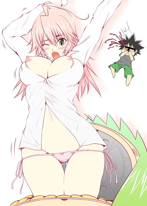 sakura kanawo, kemeko (kemeko deluxe), kobayashi sanpeita, mm, mm (kemeko deluxe), kemeko deluxe, 00s, 1girl, blood, breasts, chibi, chibi inset, covered erect nipples, dress shirt, green eyes, large breasts, long hair, lowleg, lowleg panties, nosebleed, one eye closed, open clothes, open shirt, panties, pink hair, pink panties, shirt, side-tie panties, stretching, thigh gap, thighs, unbuttoned, underwear, wink