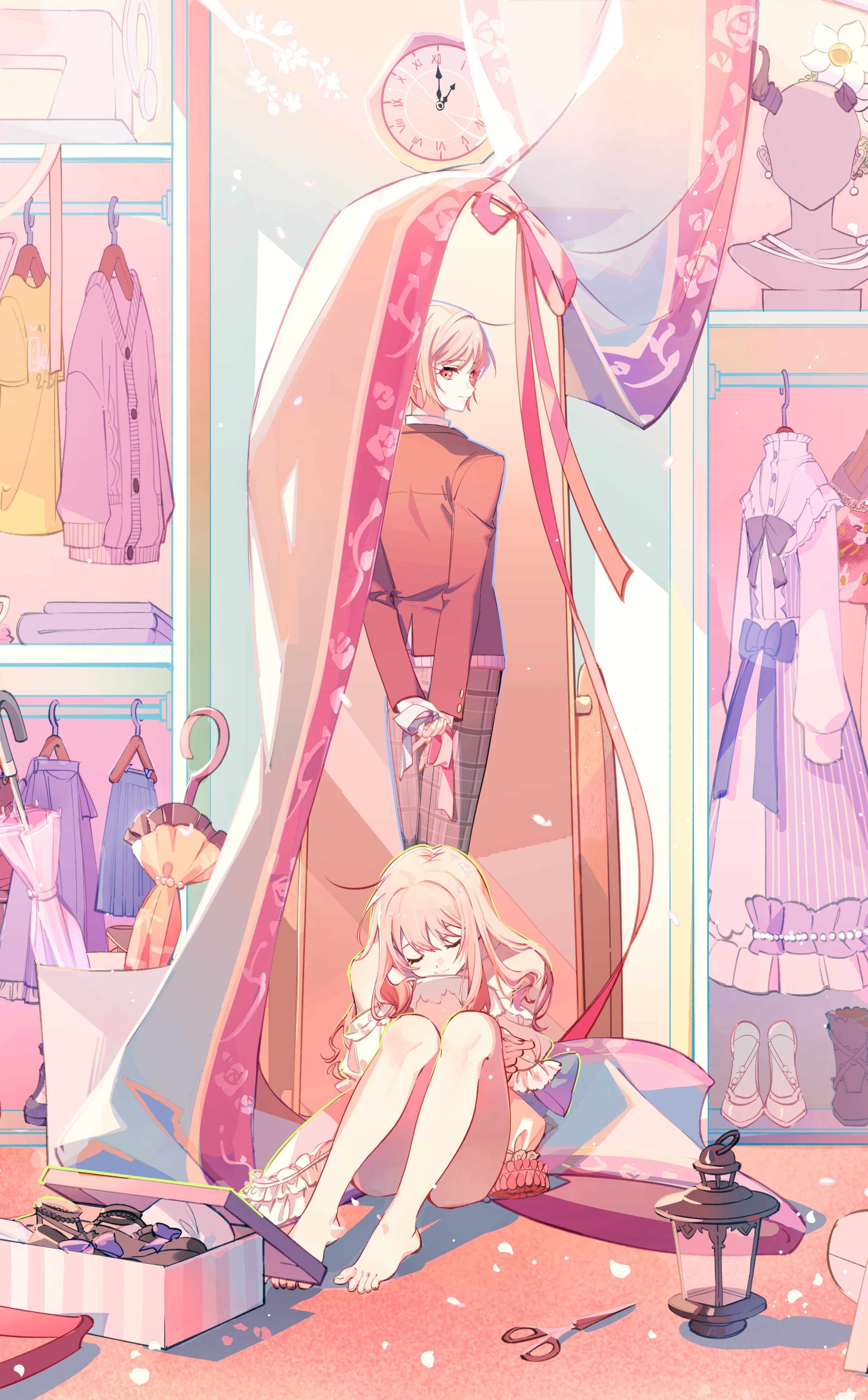 dechel, akiyama mizuki, project sekai, absurdres, highres, 2others, absurdly detailed composition, arms behind back, barefoot, blonde hair, boots, clock, closed eyes, closed umbrella, closet, clothes hanger, curtains, different reflection, dress, dual persona, indoors, jacket, knees up, loaded interior, long hair, long sleeves, mirror, multiple others, other focus, pants, pink hair, pink theme, reflection, scissors, shelf, shoes, short hair, sitting, slippers, smile, stuffed animal, stuffed toy, umbrella, unworn shoes