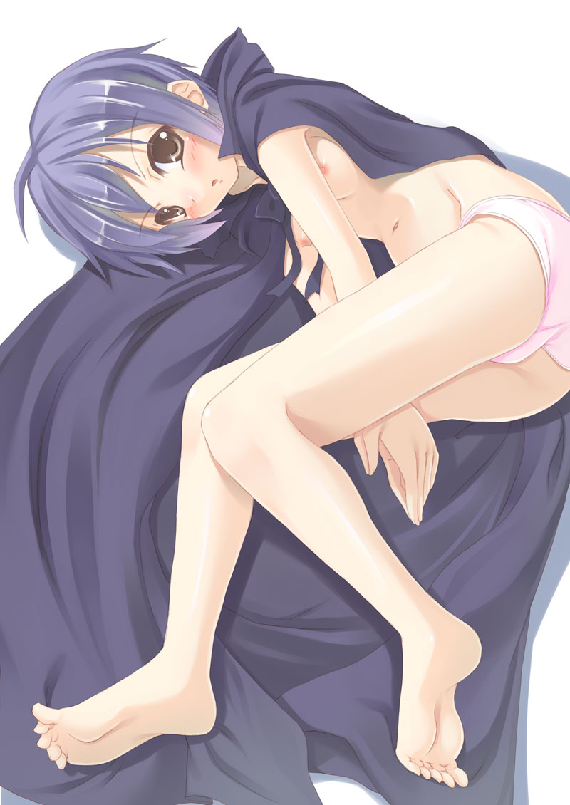 tenkuu nozora, nagato yuki, suzumiya haruhi no yuuutsu, bad id, bad pixiv id, 00s, 1girl, ass, barefoot, blue hair, breasts, brown eyes, cape, feet, female focus, legs, lying, navel, nipples, on side, panties, pink panties, small breasts, soles, solo, topless female, underwear