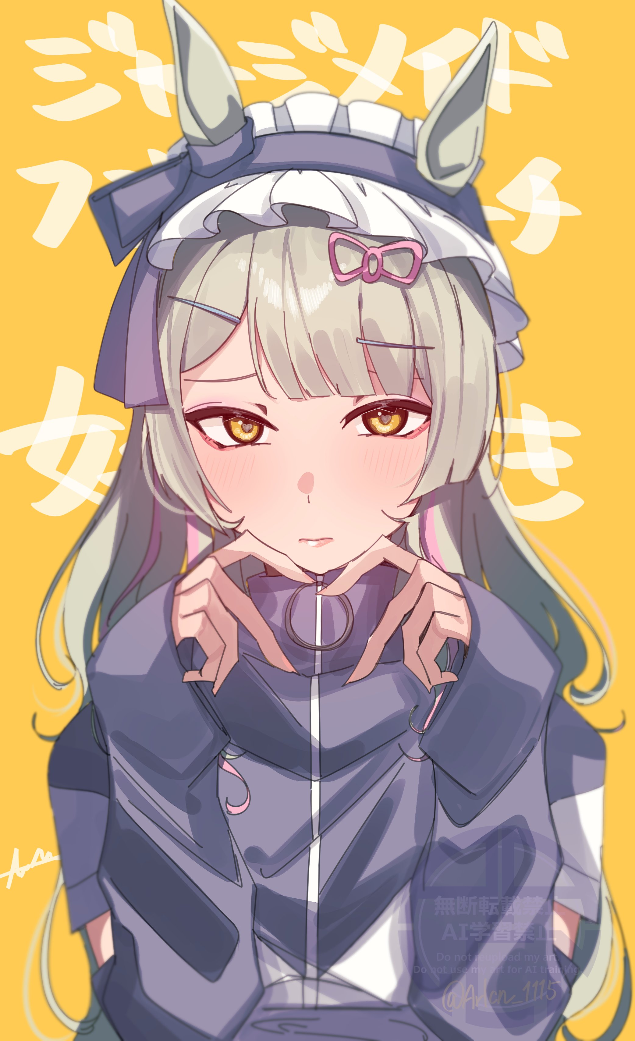 arlcn (arlcn 1115), fujimasa march (umamusume), umamusume, umamusume: cinderella gray, absurdres, highres, 1girl, alternate costume, animal ears, arm warmers, blue headdress, blue jacket, blush, closed mouth, ear ornament, grey hair, hair ornament, headdress, horse ears, horse girl, jacket, jersey maid, long hair, looking at viewer, maid, maid headdress, multicolored hair, pink hair, purple hair, short sleeves, solo, streaked hair, track jacket, unconventional maid, upper body, white headdress, yellow eyes