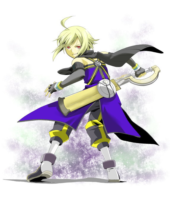 kiriku (nakuro), emil castagnier, tales of (series), tales of symphonia, tales of symphonia: dawn of the new world, 00s, 1girl, blonde hair, boots, female focus, gloves, knee boots, red eyes, scarf, smile, solo, sword, weapon