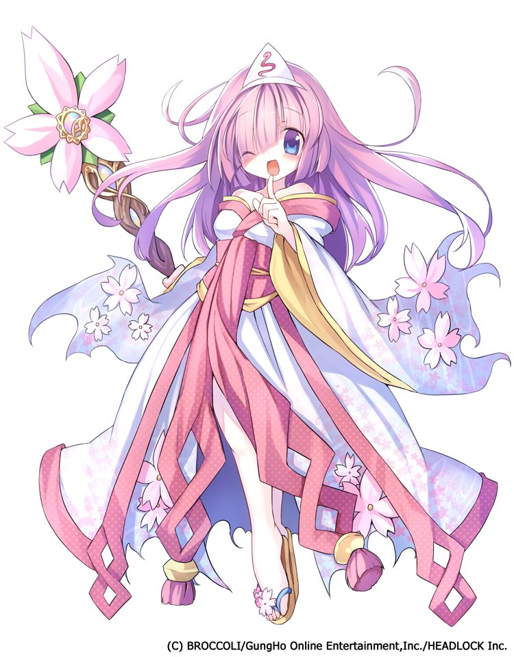 armadillon, emil chronicle online, official art, 1girl, bare shoulders, blue eyes, cherry blossoms, company name, copyright notice, finger to mouth, hair ornament, holding, holding staff, japanese clothes, kimono, long hair, one eye closed, open mouth, pink hair, pink kimono, pink sash, sandals, sash, solo, staff, towa (emil chronicle online), two-tone kimono, undressing, white background, white kimono, zouri